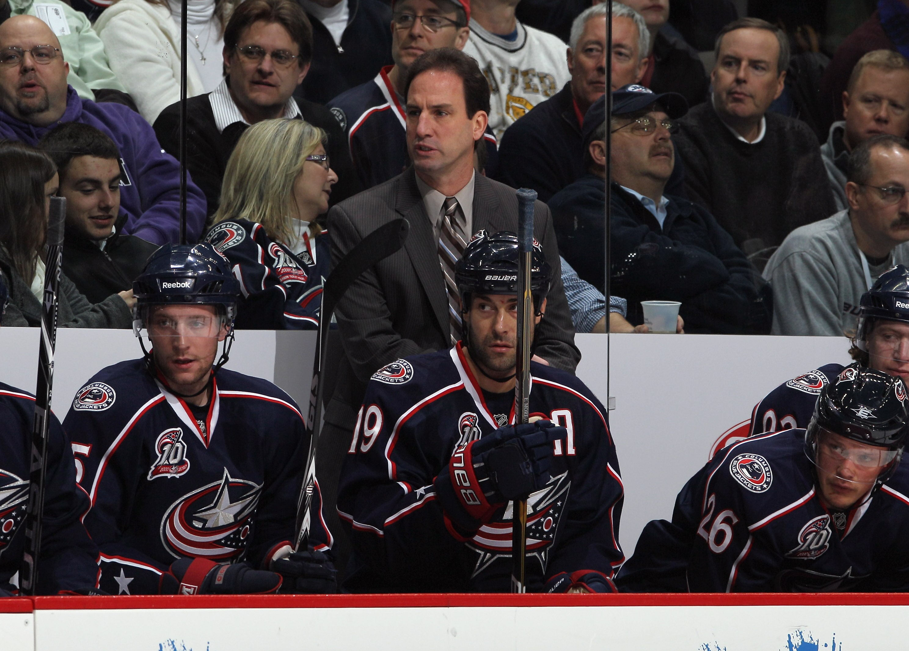 COLUMBUS, OH - DECEMBER 01:  Head coach Scott Arniel of the Columbus Blue Jackets handles his team against the Nashville Predators at the Nationwide Arena on December 1, 2010 in Columbus, Ohio.  (Photo by Bruce Bennett/Getty Images)
