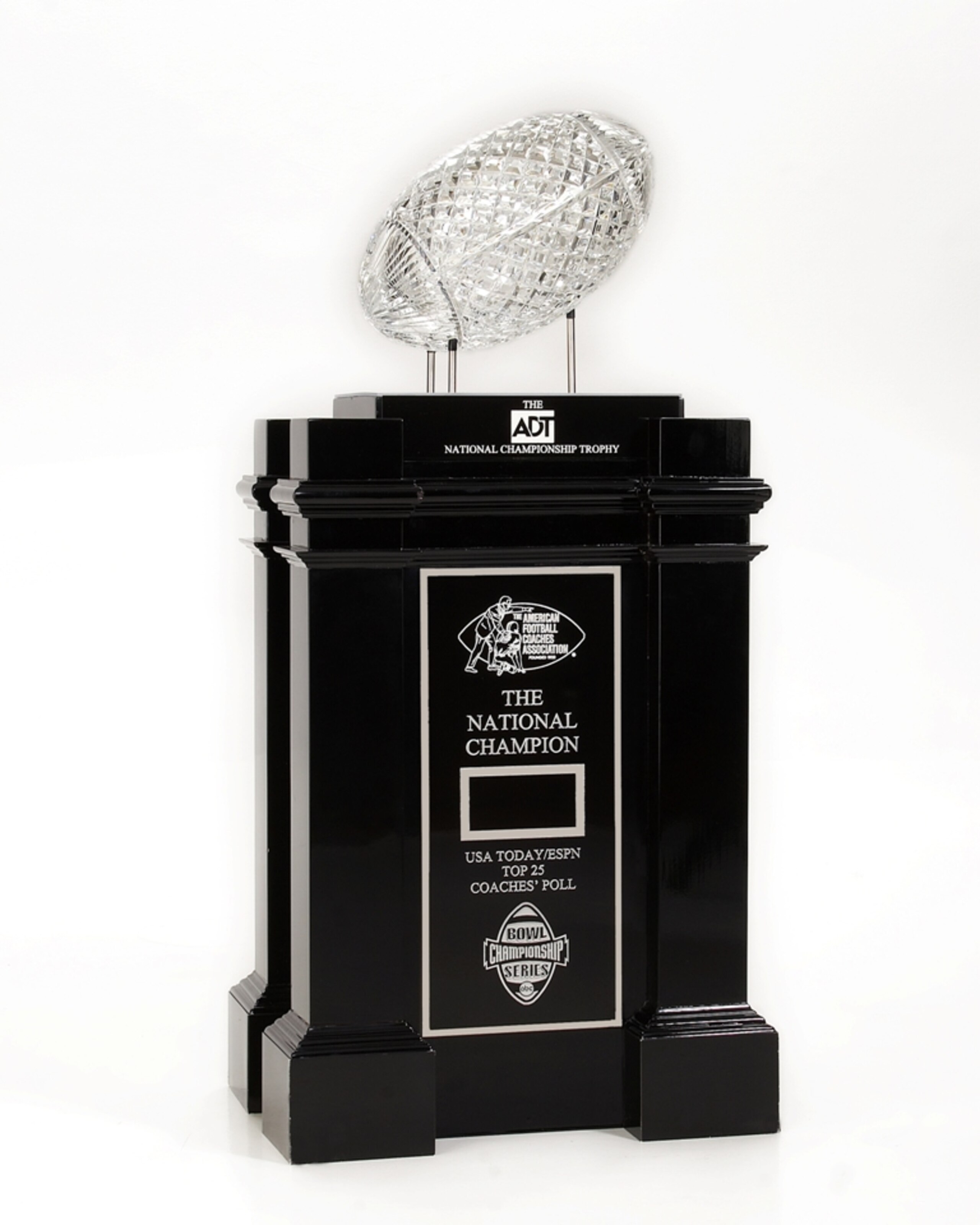 PASADENA, CA - JANUARY 4:  In this handout photo provided by ADT a general view of the Waterford Crystal ADT National Championship Trophy. The annual award is presented by the AFCA, American Football Coaches Association, to the winning NCAA team of the BC
