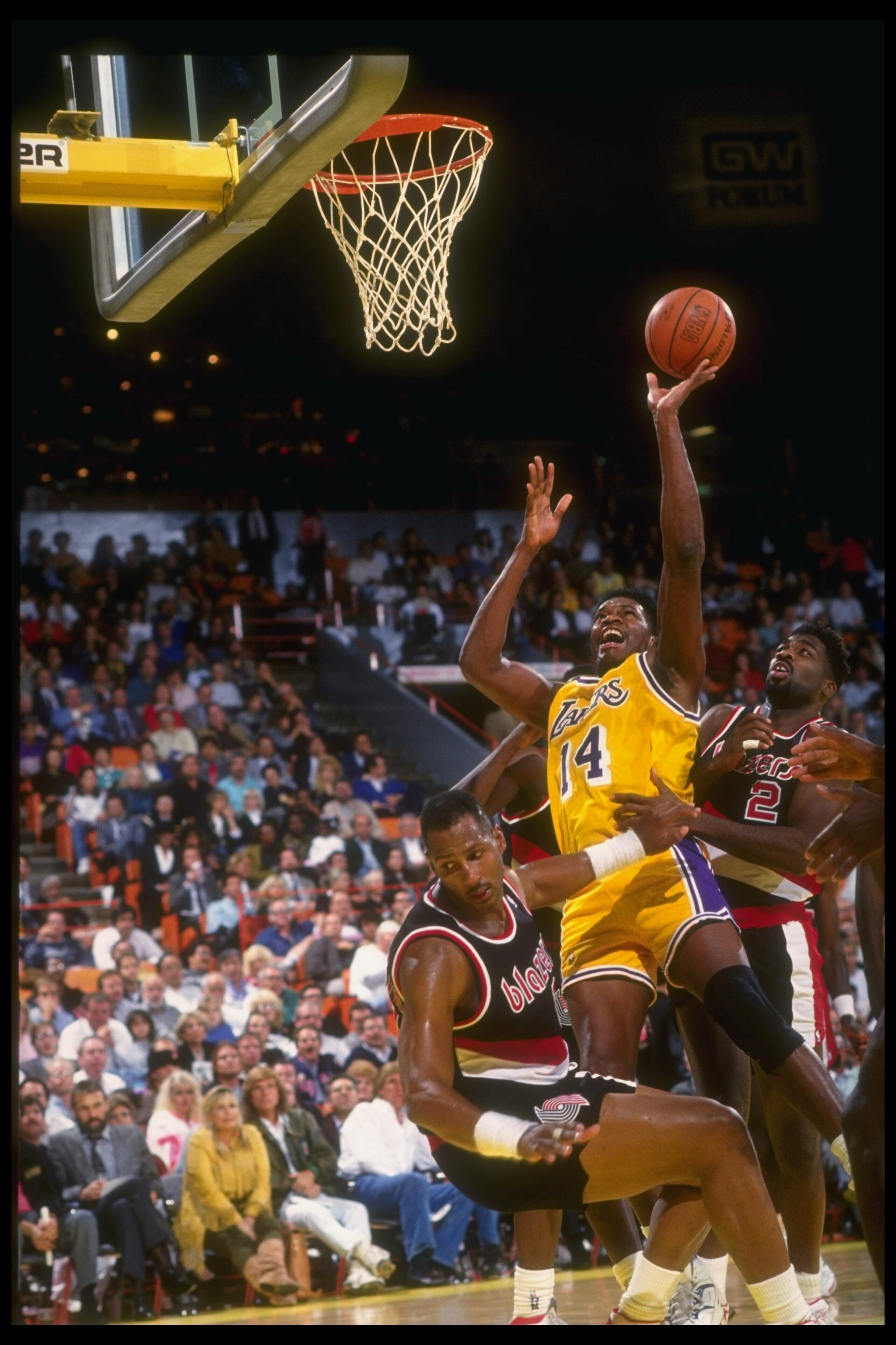 1990-1991:  Forward Sam Perkins of the Los Angeles Lakers goes up for two during a game against the Portland Trail Blazers at the Rose Garden in Portland, Oregon. Mandatory Credit: Stephen Dunn  /Allsport Mandatory Credit: Stephen Dunn  /Allsport