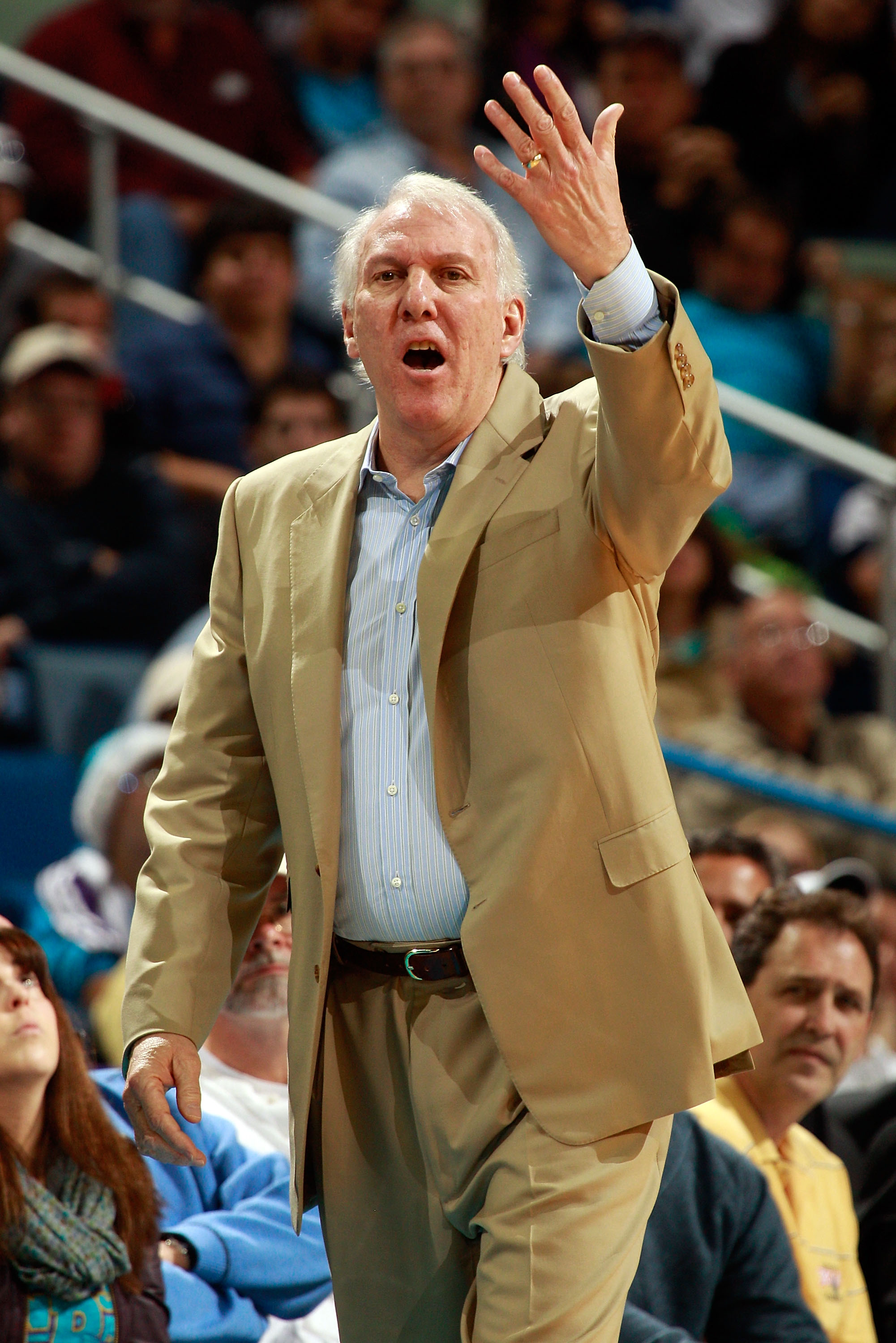 NEW ORLEANS - NOVEMBER 28: Head coach Gregg Popovich of the San Antonio Spurs reacts to a call during the game against the New Orleans Hornets at the New Orleans Arena on November 28, 2010 in New Orleans, Louisiana. The Spurs defeated the Hornets 109-95 NEW ORLEANS - NOVEMBER 28: Head coach Gregg Popovich of the San Antonio Spurs reacts to a call during the game against the New Orleans Hornets at the New Orleans Arena on November 28, 2010 in New Orleans, Louisiana. The Spurs defeated the Hornets 109-95