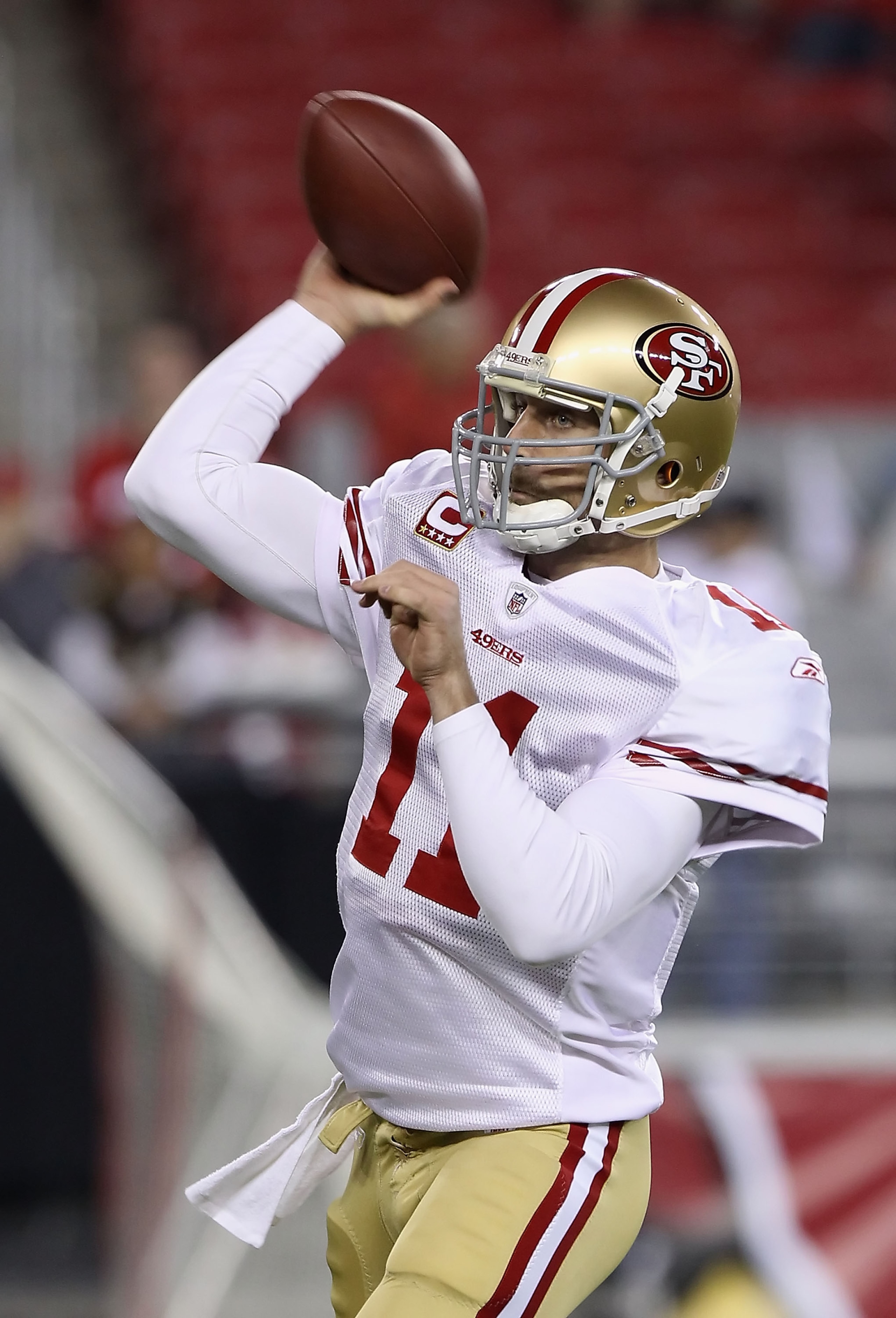 GLENDALE, AZ - NOVEMBER 29:  Quarterback Alex Smith #1 of the San Francisco 49ers warms up before the NFL game against the Arizona Cardinals at the University of Phoenix Stadium on November 29, 2010 in Glendale, Arizona. The 49ers defeated the Cardinals 2