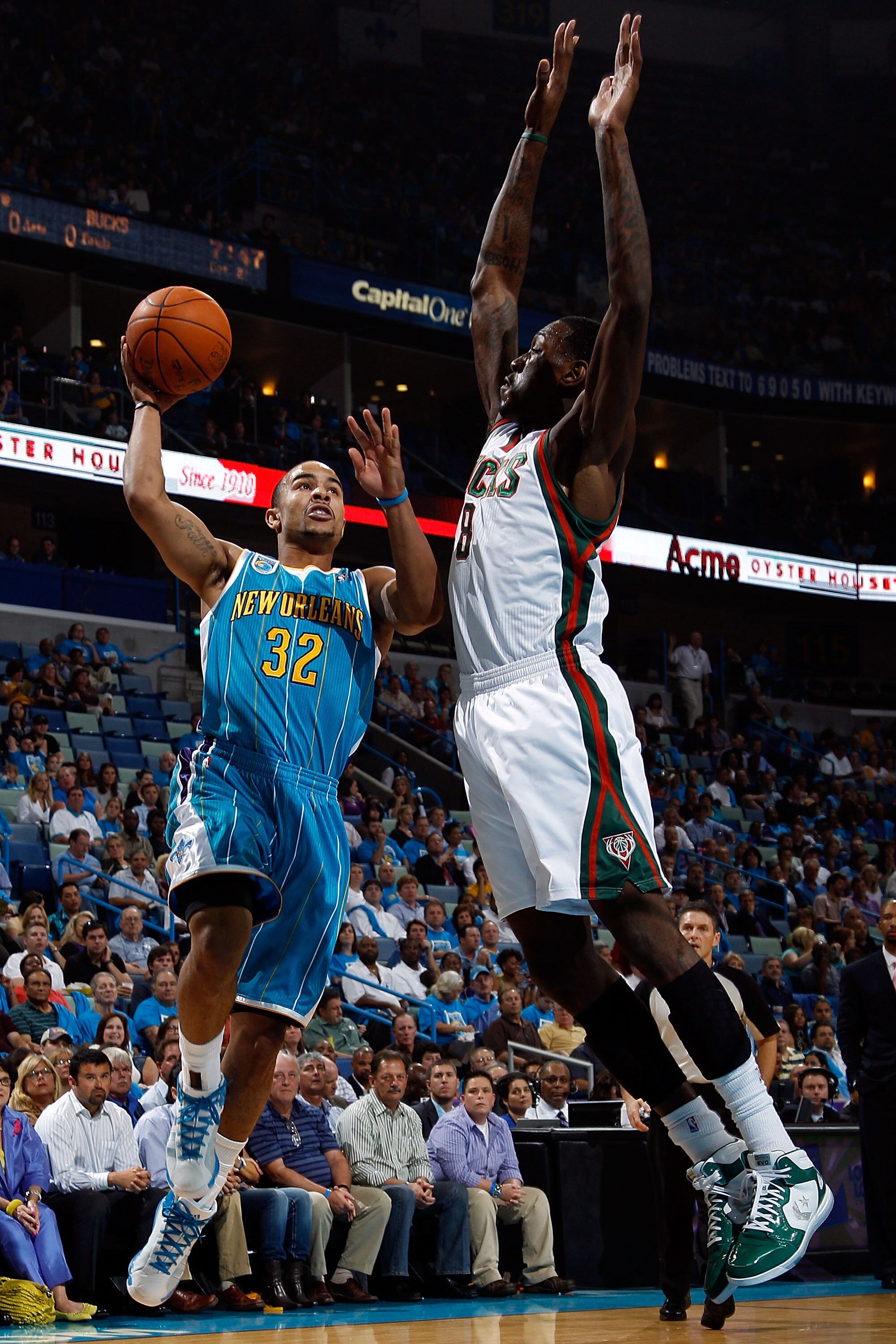 NEW ORLEANS - OCTOBER 27:  Jerryd Bayless #32 of the New Orleans Hornets shoots the ball over Larry Sanders #8 of the Milwaukee Bucks at the New Orleans Arena on October 27, 2010 in New Orleans, Louisiana.  NOTE TO USER: User expressly acknowledges and ag