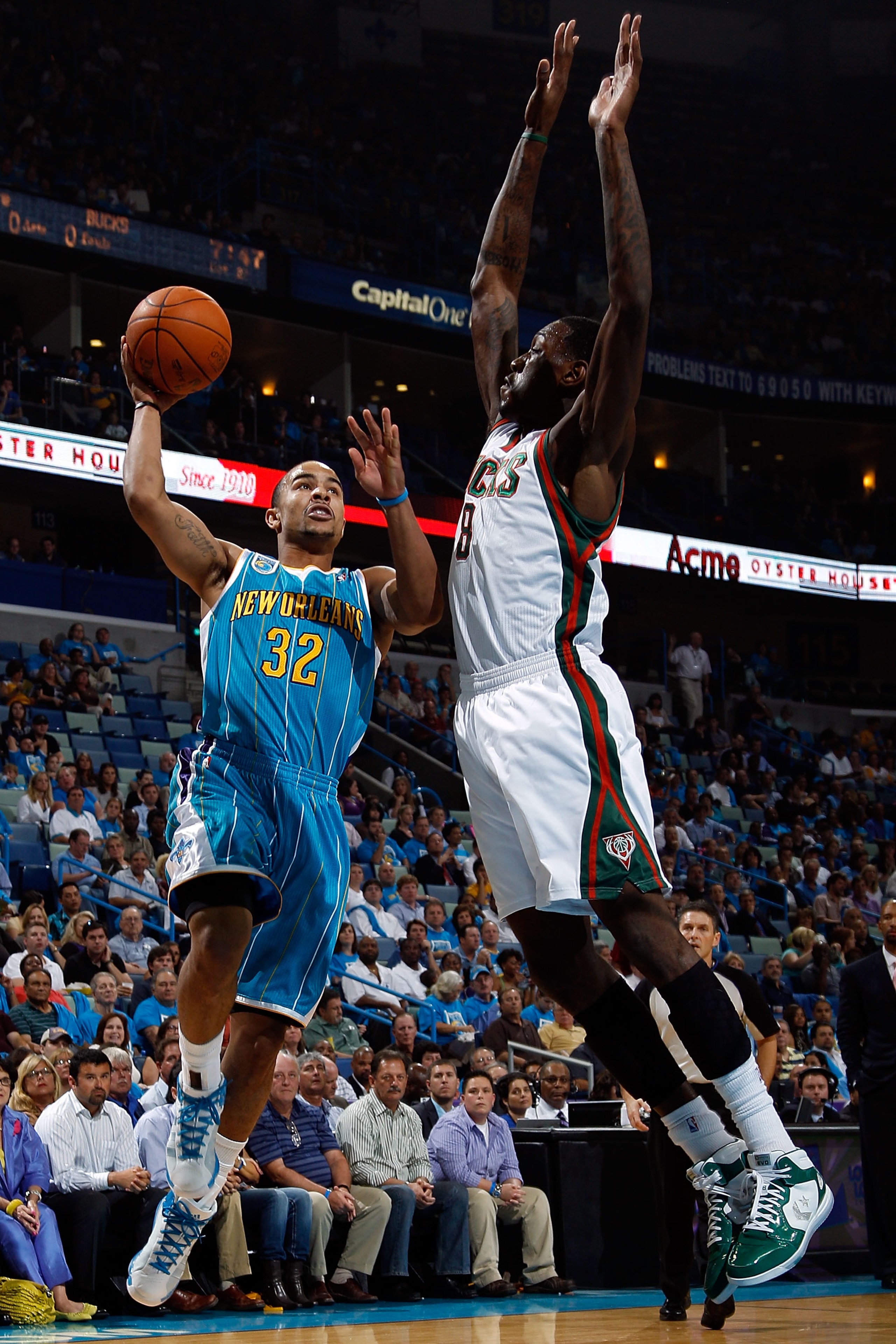 NEW ORLEANS - OCTOBER 27:  Jerryd Bayless #32 of the New Orleans Hornets shoots the ball over Larry Sanders #8 of the Milwaukee Bucks at the New Orleans Arena on October 27, 2010 in New Orleans, Louisiana.  NOTE TO USER: User expressly acknowledges and ag