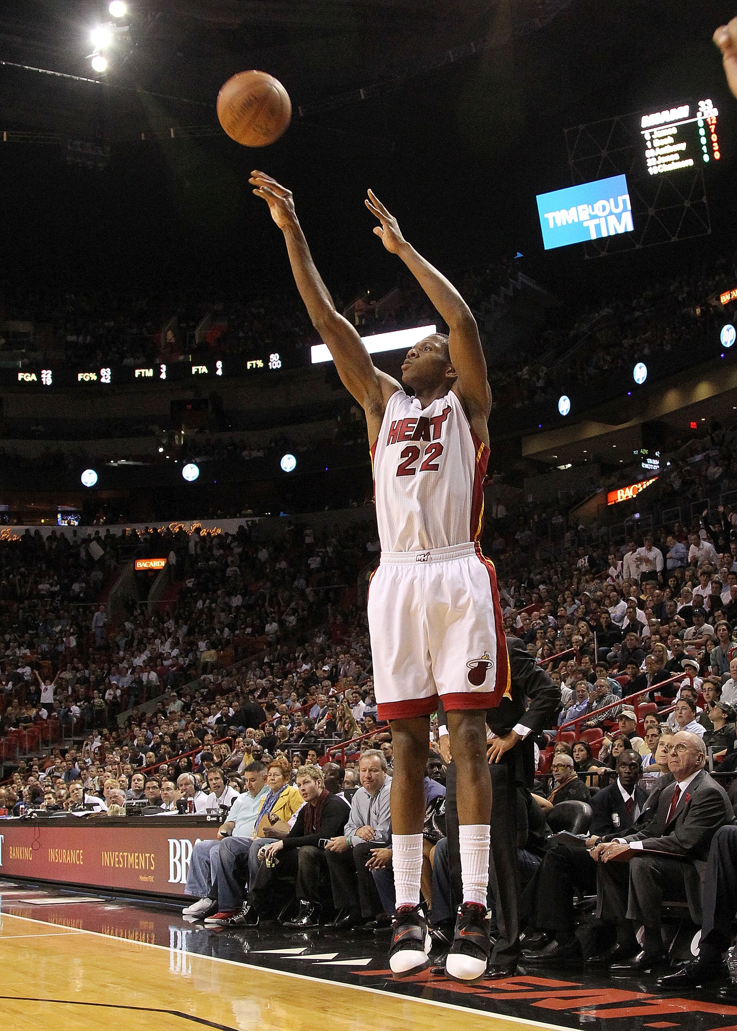 MIAMI, FL - DECEMBER 01: James Jones #22 of the Miami Heat shoots a 3 pointer during a game against the Detroit Pistons at American Airlines Arena on December 1, 2010 in Miami, Florida. NOTE TO USER: User expressly acknowledges and agrees that, by downloa