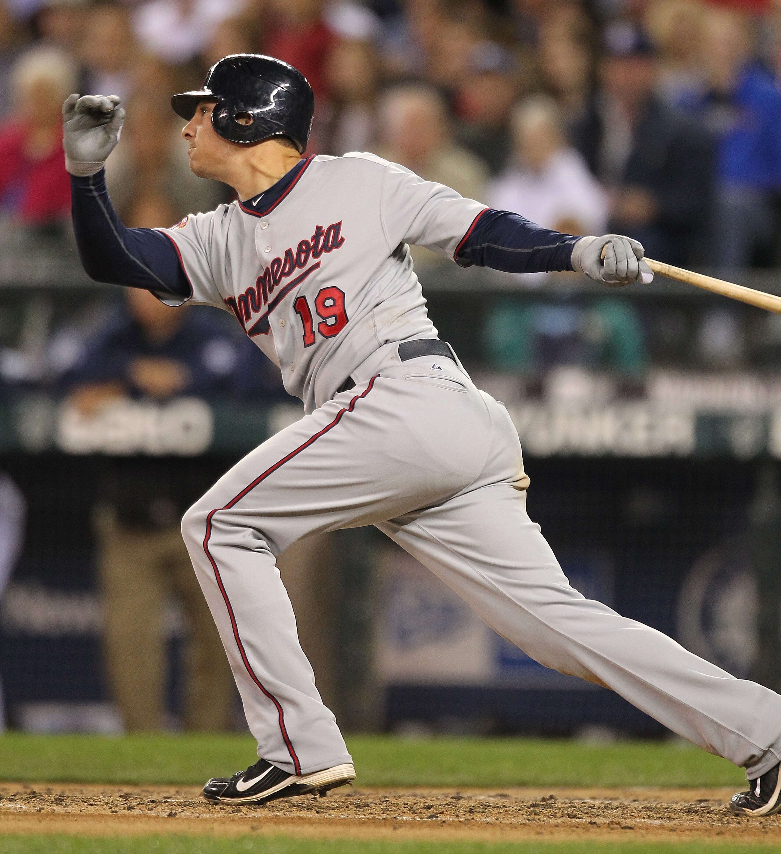 SEATTLE - AUGUST 27:  Danny Valencia #19 of the Minnesota Twins hits a two RBI triple against the Seattle Mariners at Safeco Field on August 27, 2010 in Seattle, Washington. (Photo by Otto Greule Jr/Getty Images)
