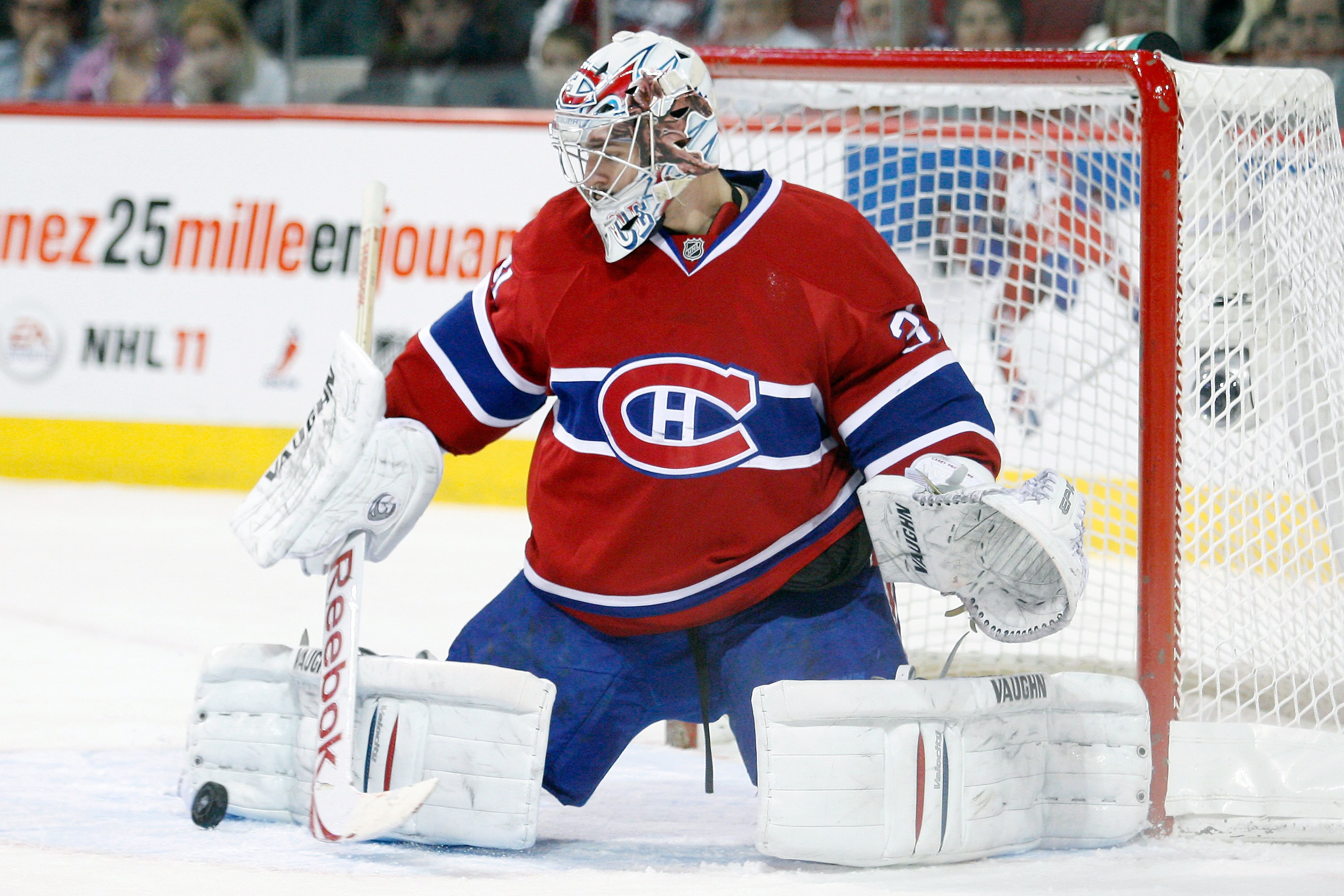 MONTREAL- NOVEMBER 27:  Carey Price #31 of the Montreal Canadiens makes a pad save on the puck during the NHL game against the Buffalo Sabres at the Bell Centre on November 27, 2010 in Montreal, Quebec, Canada.  The Canadiens defeated the Sabres 3-1.  (Ph