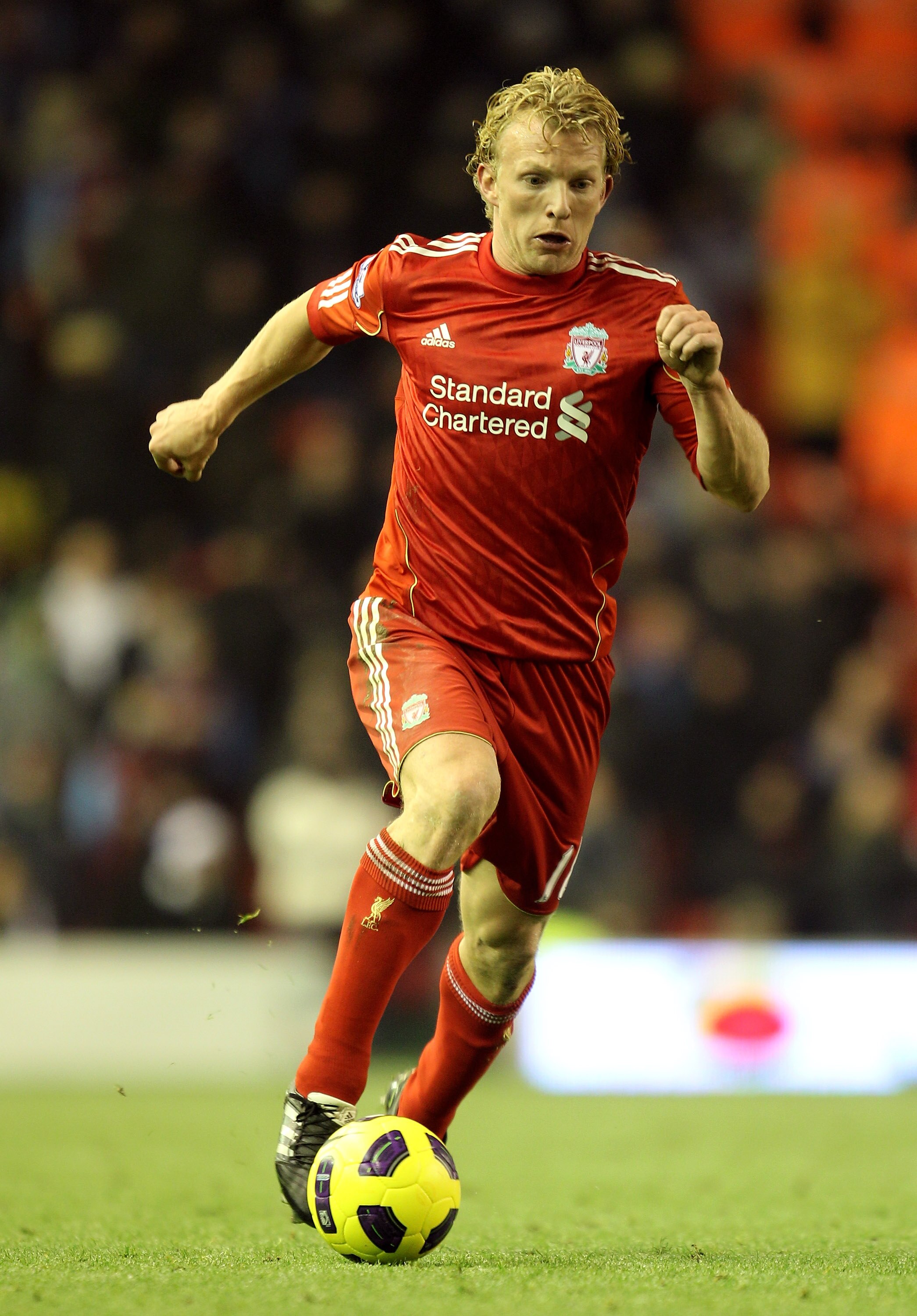 LIVERPOOL, ENGLAND - DECEMBER 06:  Dirk Kuyt of Liverpool in action during the Barclays Premier League match between Liverpool and Aston Villa at Anfield on December 6, 2010 in Liverpool, England. (Photo by Mark Thompson/Getty Images)
