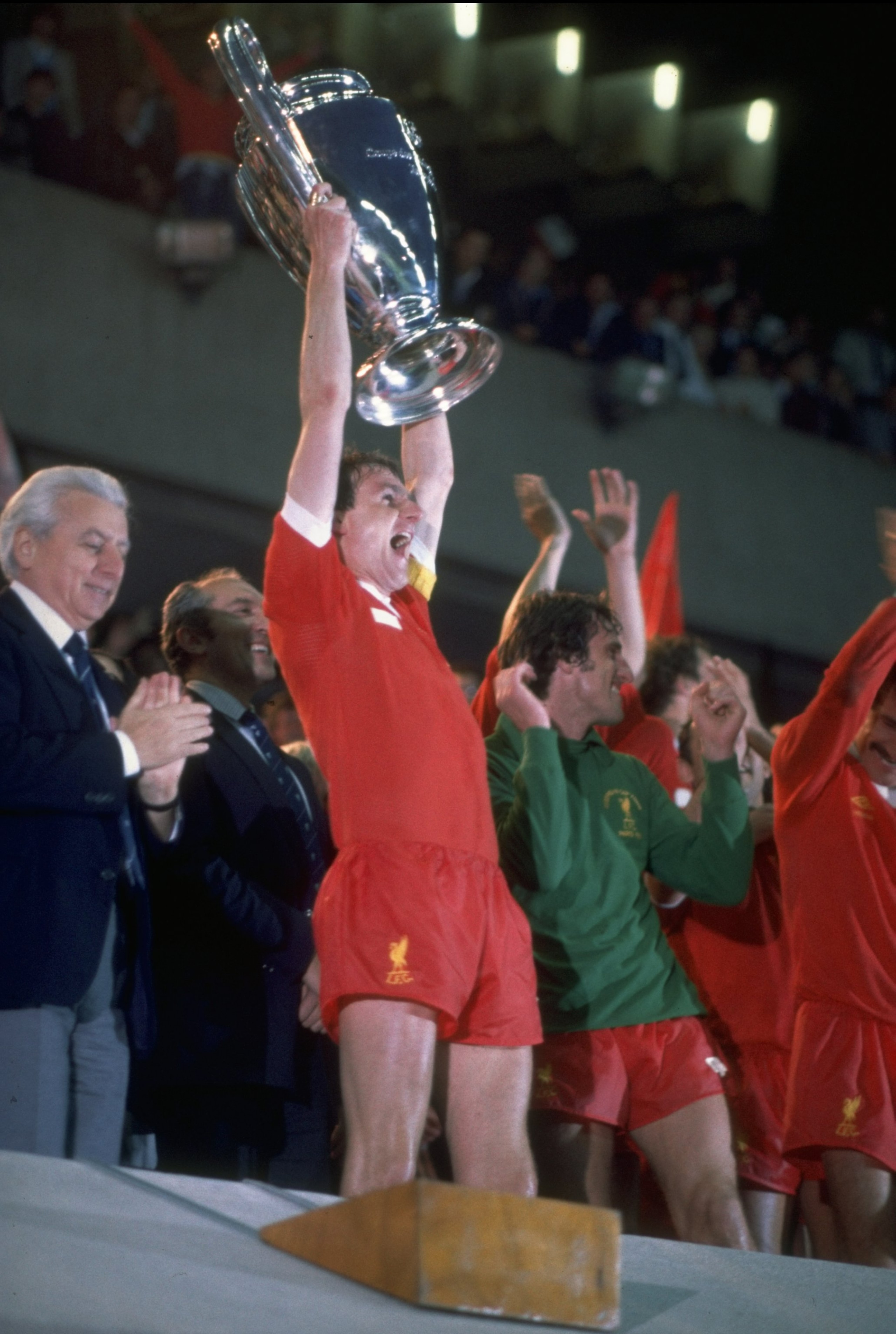 27 May 1981:  Phil Thompson captain of Liverpoool victoriously raises the European Cup after the final between Liverpool and Real Madrid in Paris. Liverpool won the match 1-0. \ Mandatory Credit: Allsport UK /Allsport