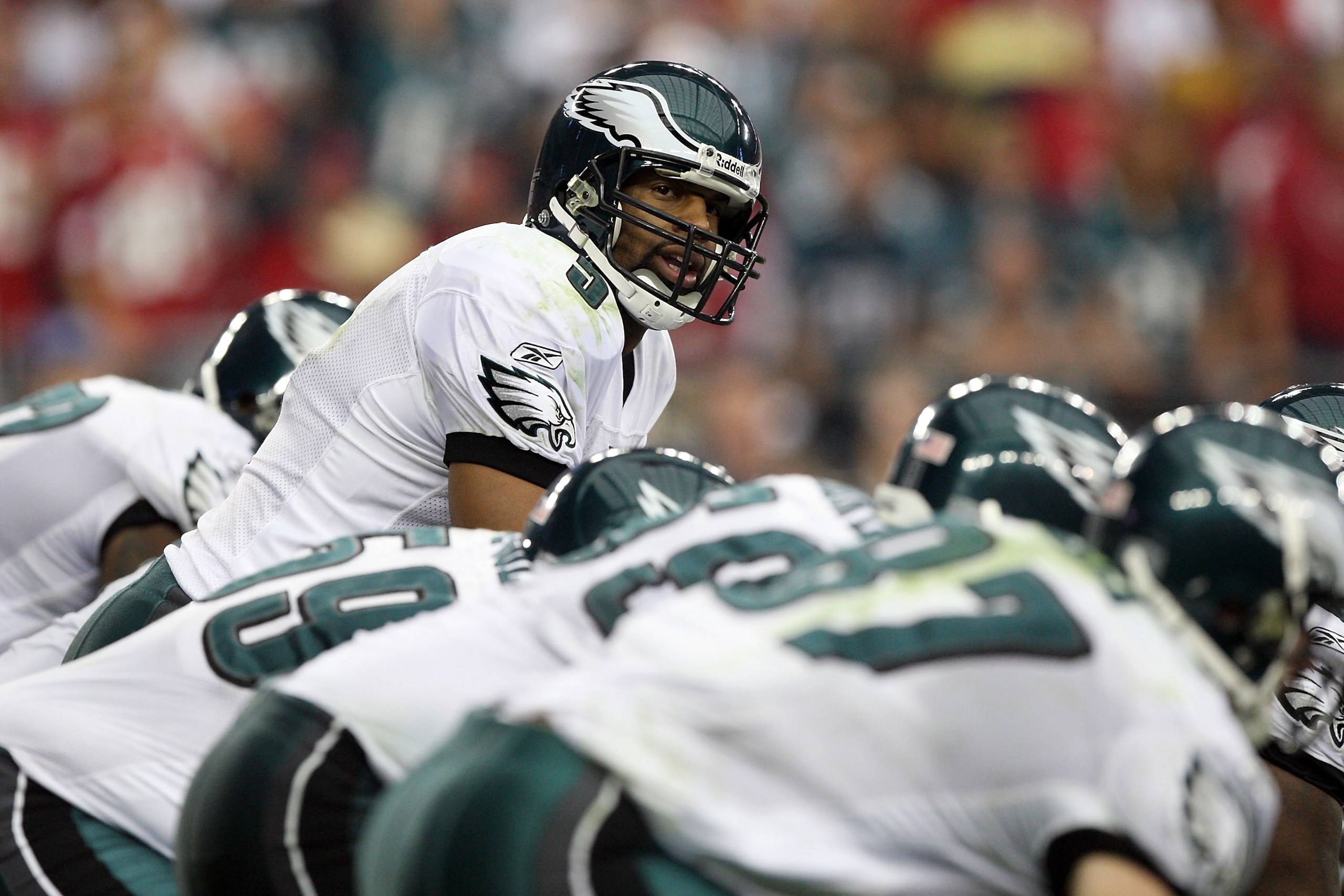 GLENDALE, AZ - JANUARY 18:  Quarterback Donovan McNabb #5 of the Philadelphia Eagles looks down the line during the NFC championship game against the Arizona Cardinals on January 18, 2009 at University of Phoenix Stadium in Glendale, Arizona.  (Photo by J