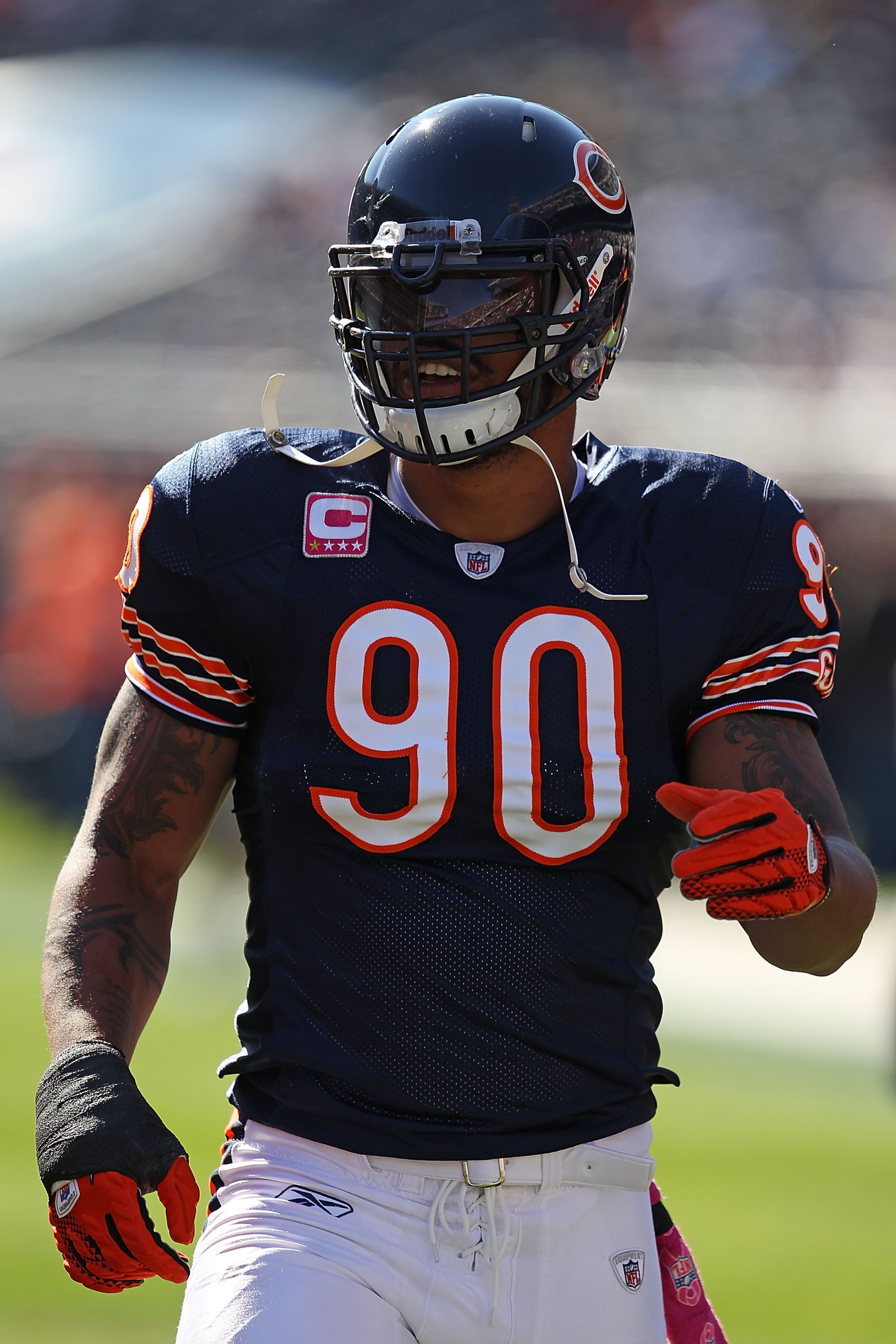 CHICAGO - OCTOBER 17: Julius Peppers #90 of the Chicago Bears participates in warm-ups before a game against the Seattle Seahawks at Soldier Field on October 17, 2010 in Chicago, Illinois. The Seahawks defeated the Bears 23-20. (Photo by Jonathan Daniel/G CHICAGO - OCTOBER 17: Julius Peppers #90 of the Chicago Bears participates in warm-ups before a game against the Seattle Seahawks at Soldier Field on October 17, 2010 in Chicago, Illinois. The Seahawks defeated the Bears 23-20. (Photo by Jonathan Daniel/G
