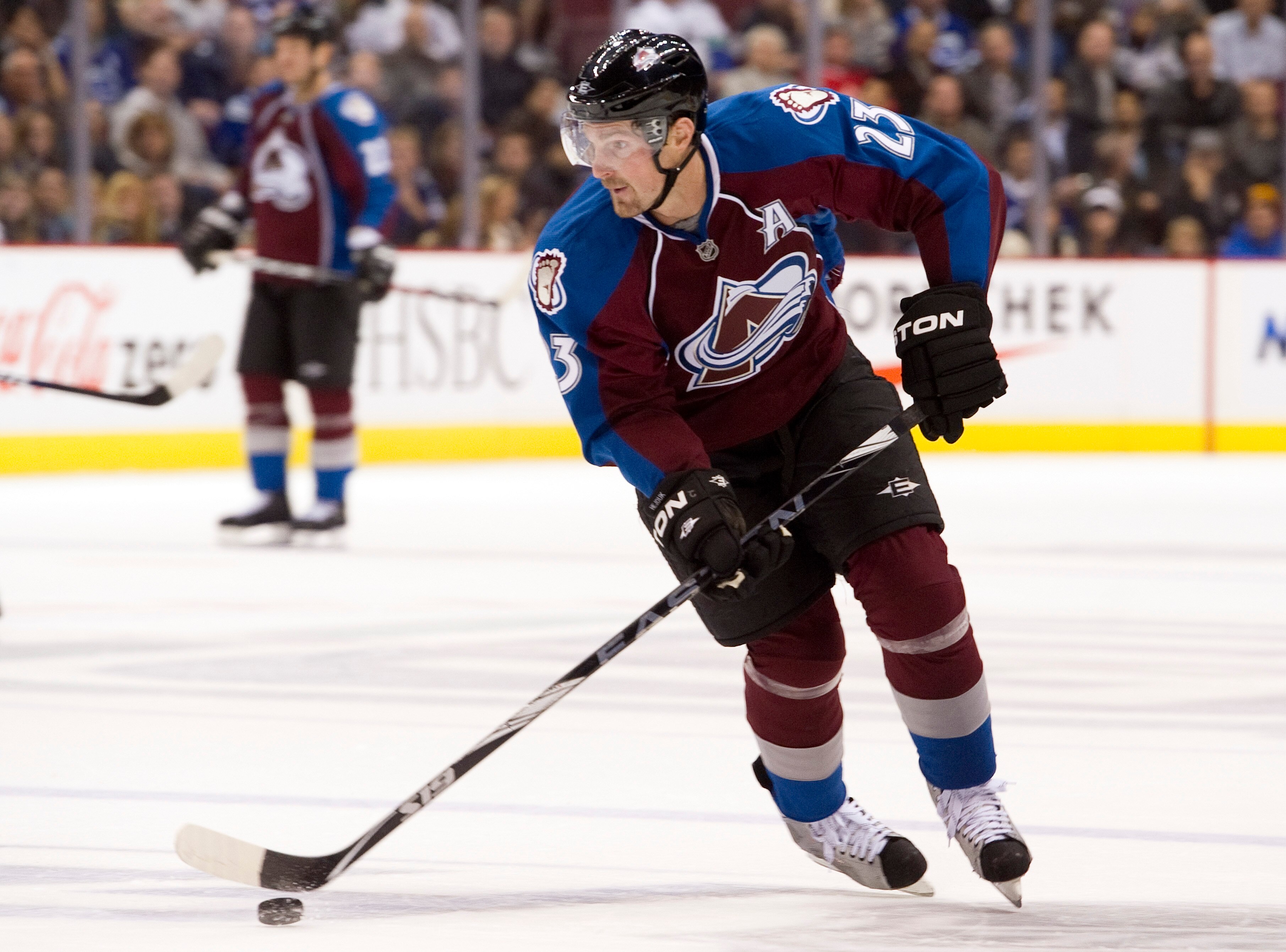 VANCOUVER, CANADA - OCTOBER 26: Milan Hejduk #23 of the Colorado Avalanche stick handles the puck during NHL action against the Vancouver Canucks on October 26, 2010 at Rogers Arena in Vancouver, British Columbia, Canada.  (Photo by Rich Lam/Getty Images)