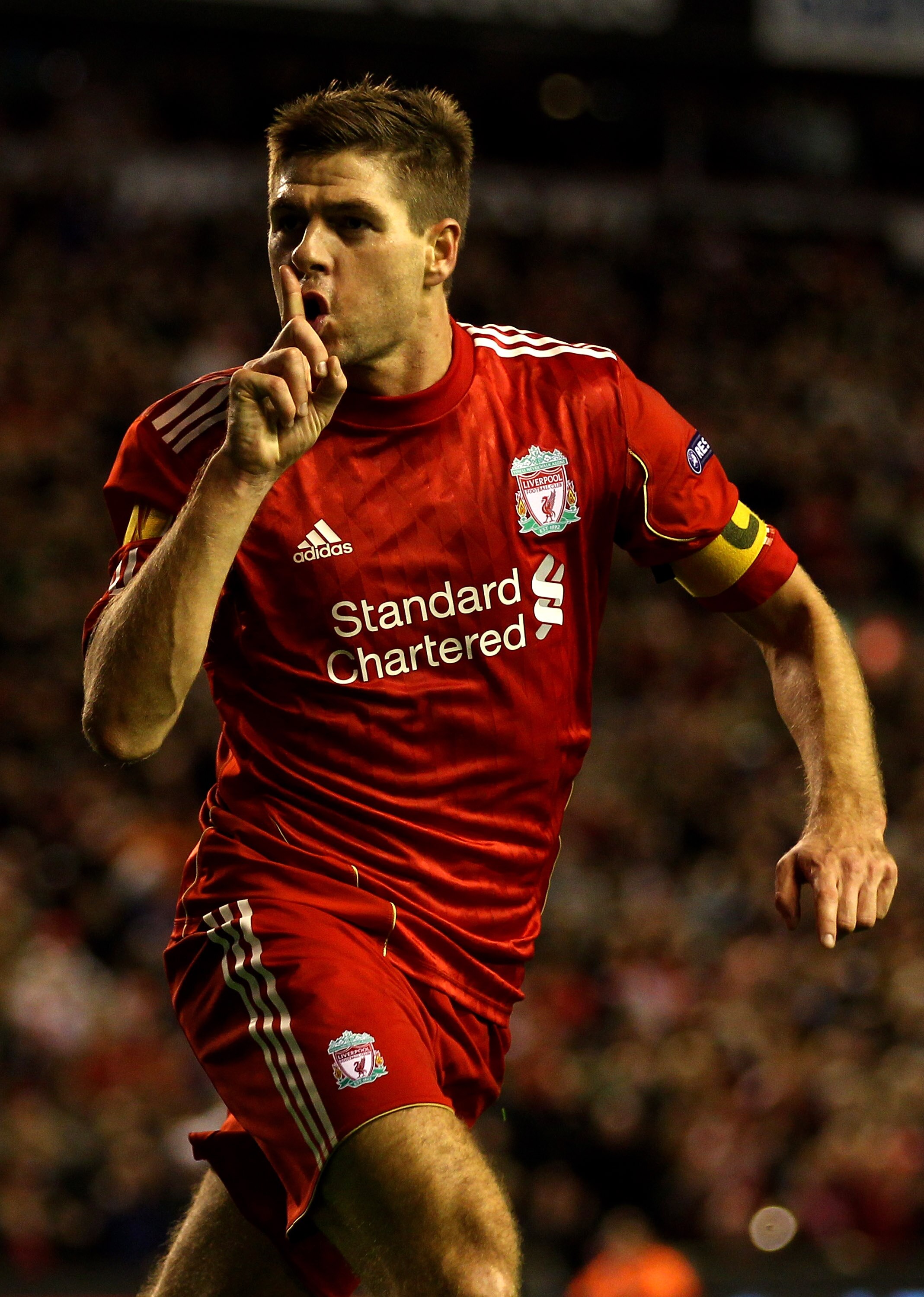 LIVERPOOL, ENGLAND - NOVEMBER 04:  Steven Gerrard of Liverpool celebrates scoring an equalising goal during the UEFA Europa League Group K match beteween Liverpool and SSC Napoli at Anfield on November 4, 2010 in Liverpool, England.  (Photo by Clive Bruns