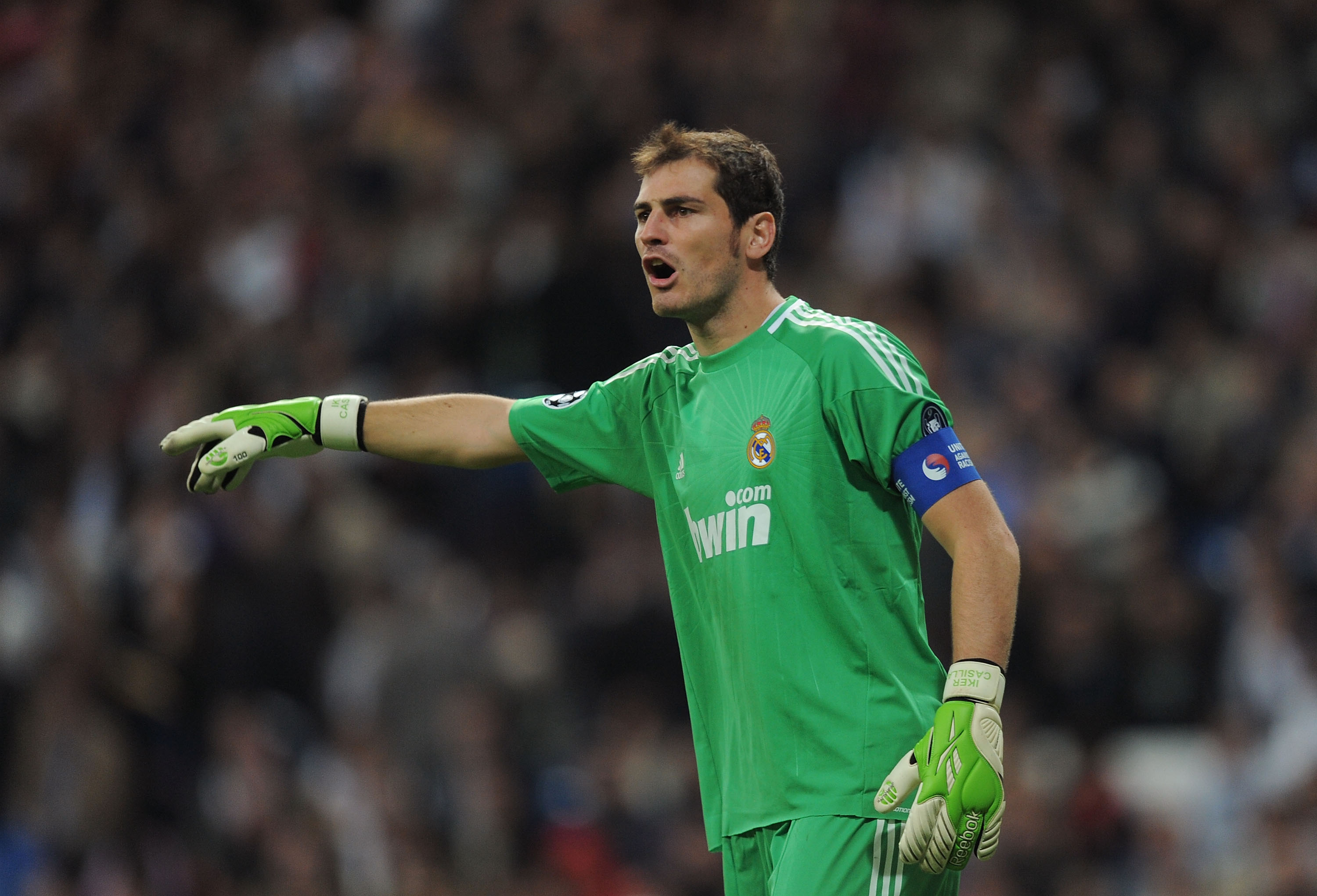 MADRID, SPAIN - OCTOBER 19:  Iker Casillas of Real Madrid urges on his side during the UEFA Champions League Group G match between Real Madrid and AC Milan at Estadio Santiago Bernabeu on October 19, 2010 in Madrid, Spain.  (Photo by Denis Doyle/Getty Ima