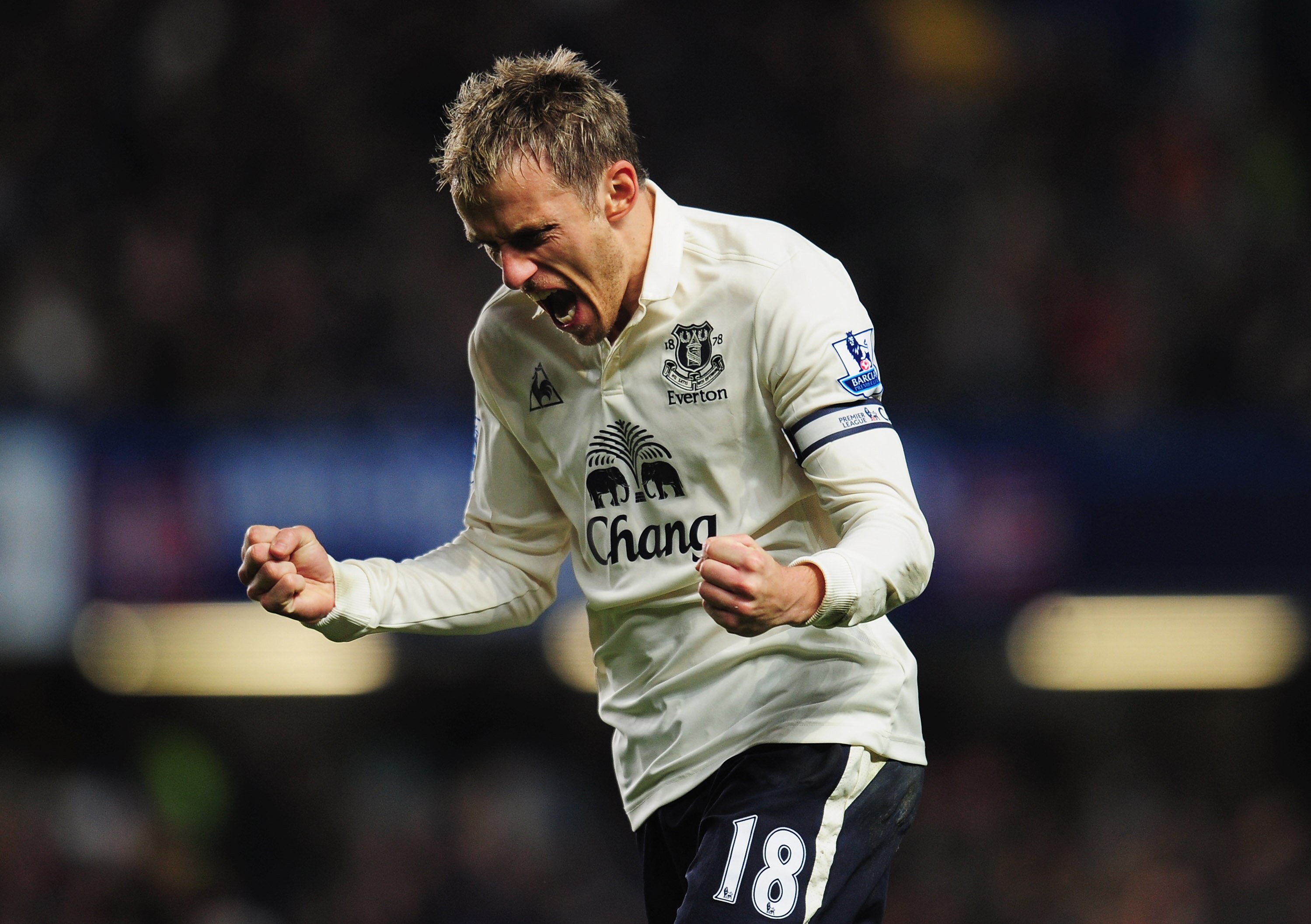 LONDON, ENGLAND - DECEMBER 04:  Phil Neville of Everton celebrates as Jermaine Beckford scores their first goal during the Barclays Premier League match between Chelsea and Everton at Stamford Bridge on December 4, 2010 in London, England.  (Photo by Shau