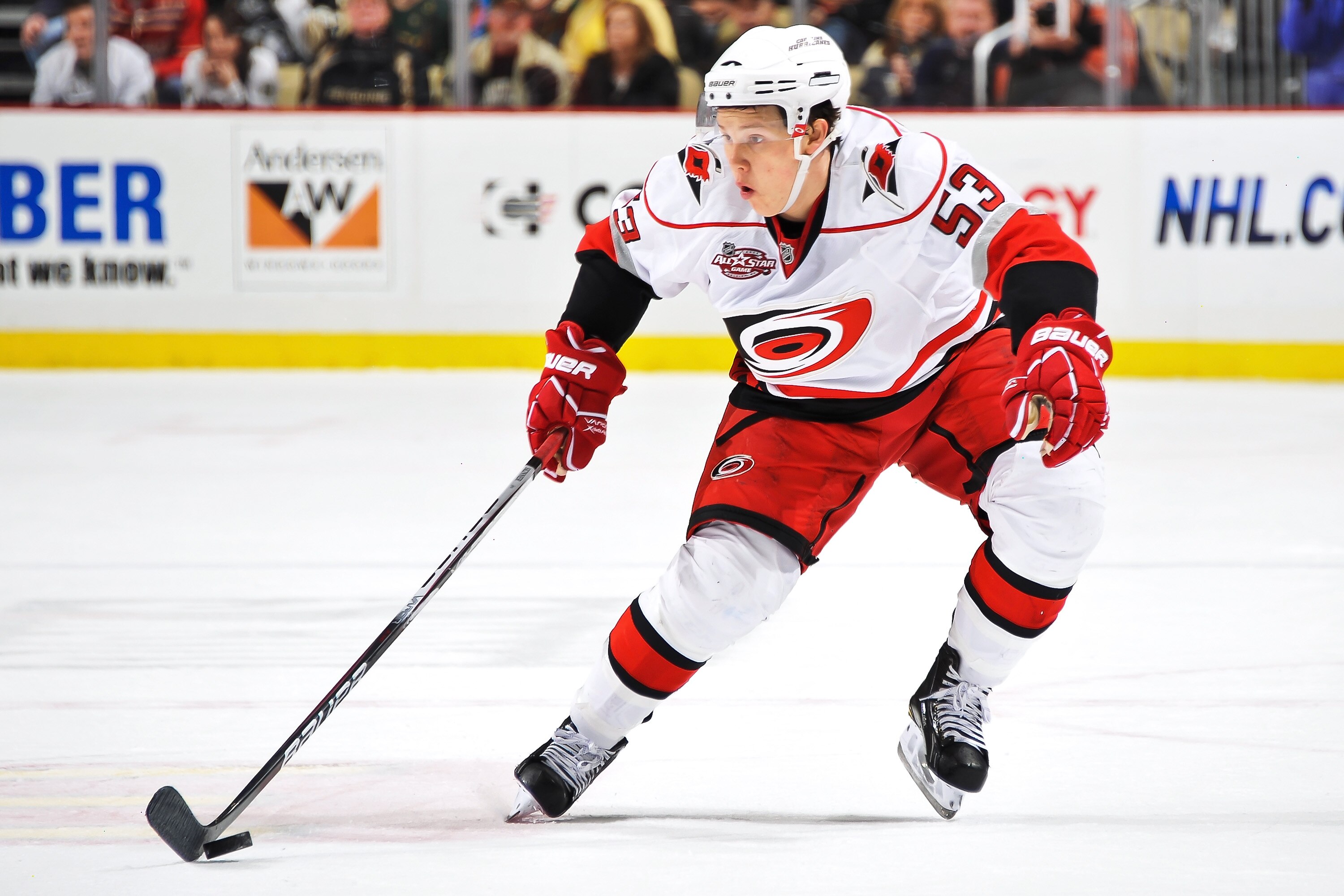 PITTSBURGH - NOVEMBER 19:  Jeff Skinner #53 of the Carolina Hurricanes skates with the puck against the Pittsburgh Penguins on November 19, 2010 at Consol Energy Center in Pittsburgh, Pennsylvania.  (Photo by Jamie Sabau/Getty Images)