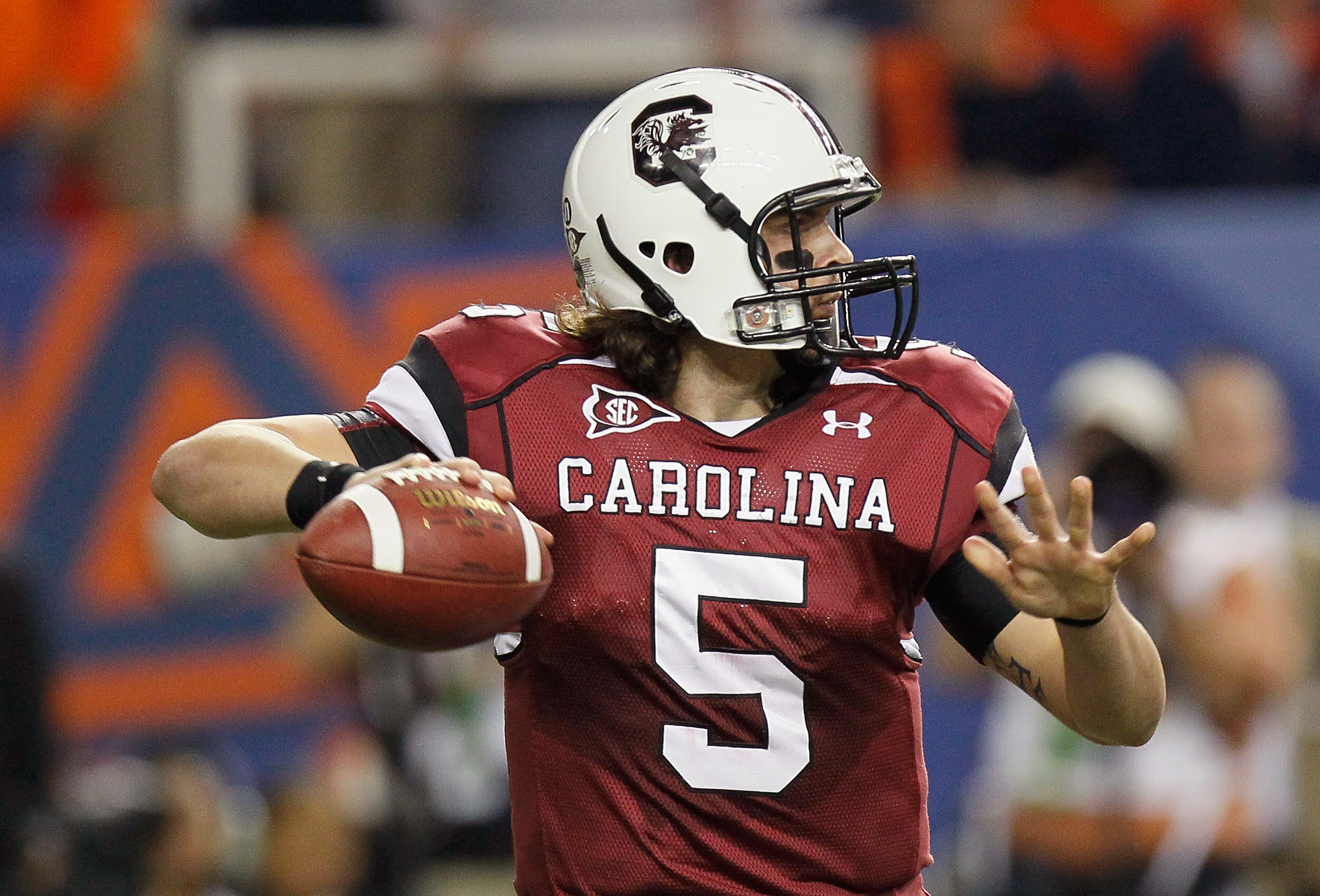ATLANTA, GA - DECEMBER 04:  Stephen Garcia #5 of the South Carolina Gamecocks looks to pass against the Auburn Tigers during the 2010 SEC Championship at Georgia Dome on December 4, 2010 in Atlanta, Georgia.  (Photo by Kevin C. Cox/Getty Images)