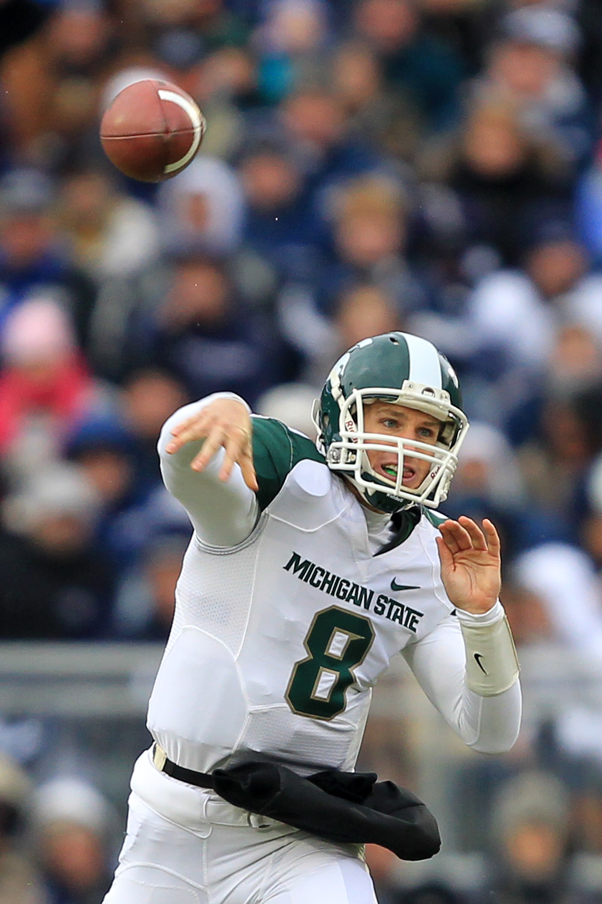 STATE COLLEGE, PA - NOVEMBER 27: Quarterback Kirk Cousins #8 of the Michigan State Spartans throws a pass during a game against the Penn State Nittany Lions on November 27, 2010 at Beaver Stadium in State College, Pennsylvania. The Spartans won 28-22. (Ph