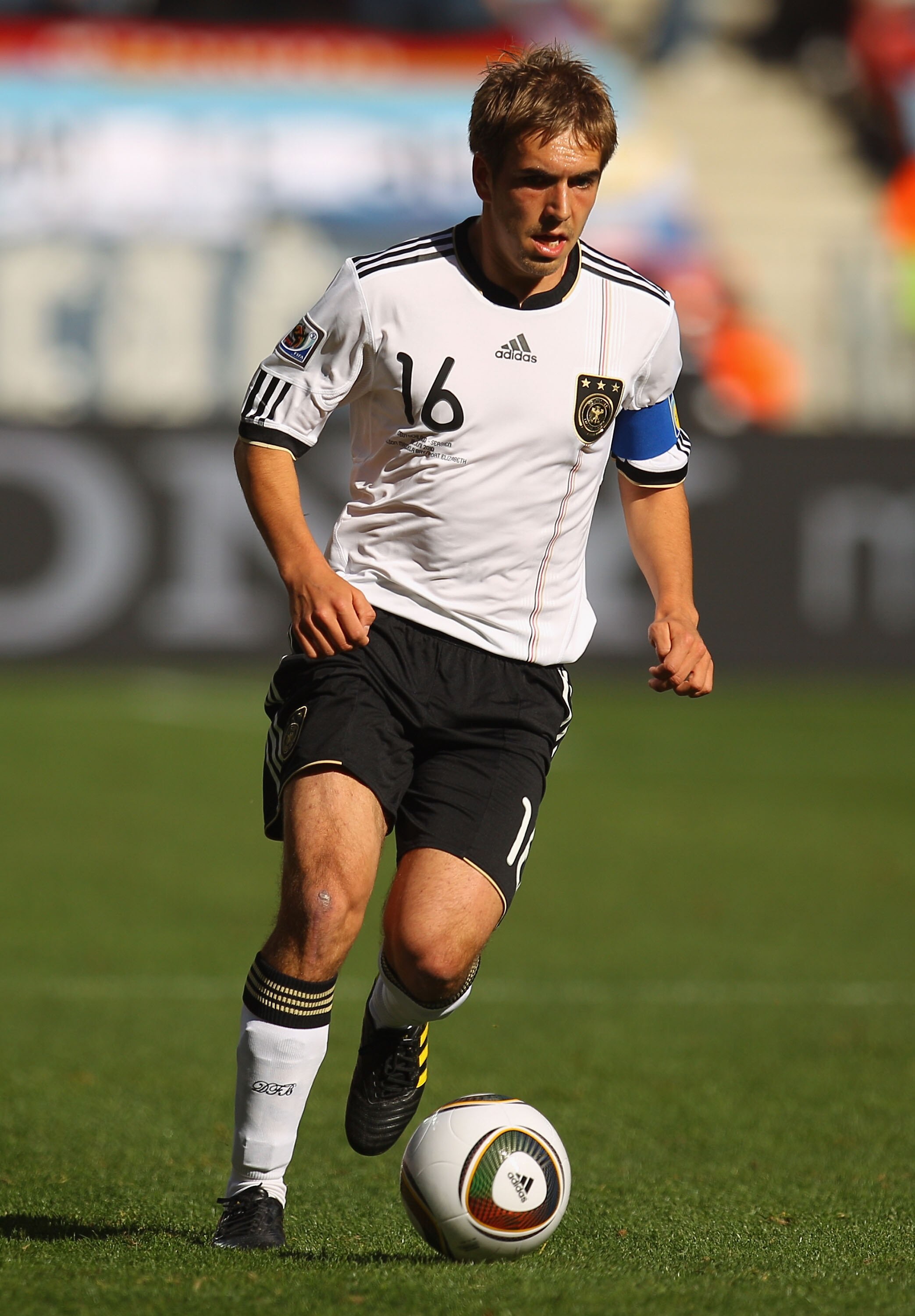 PORT ELIZABETH, SOUTH AFRICA - JUNE 18:  Philipp Lahm of Germany in action during the 2010 FIFA World Cup South Africa Group D match between Germany and Serbia at Nelson Mandela Bay Stadium on June 18, 2010 in Port Elizabeth, South Africa.  (Photo by Came