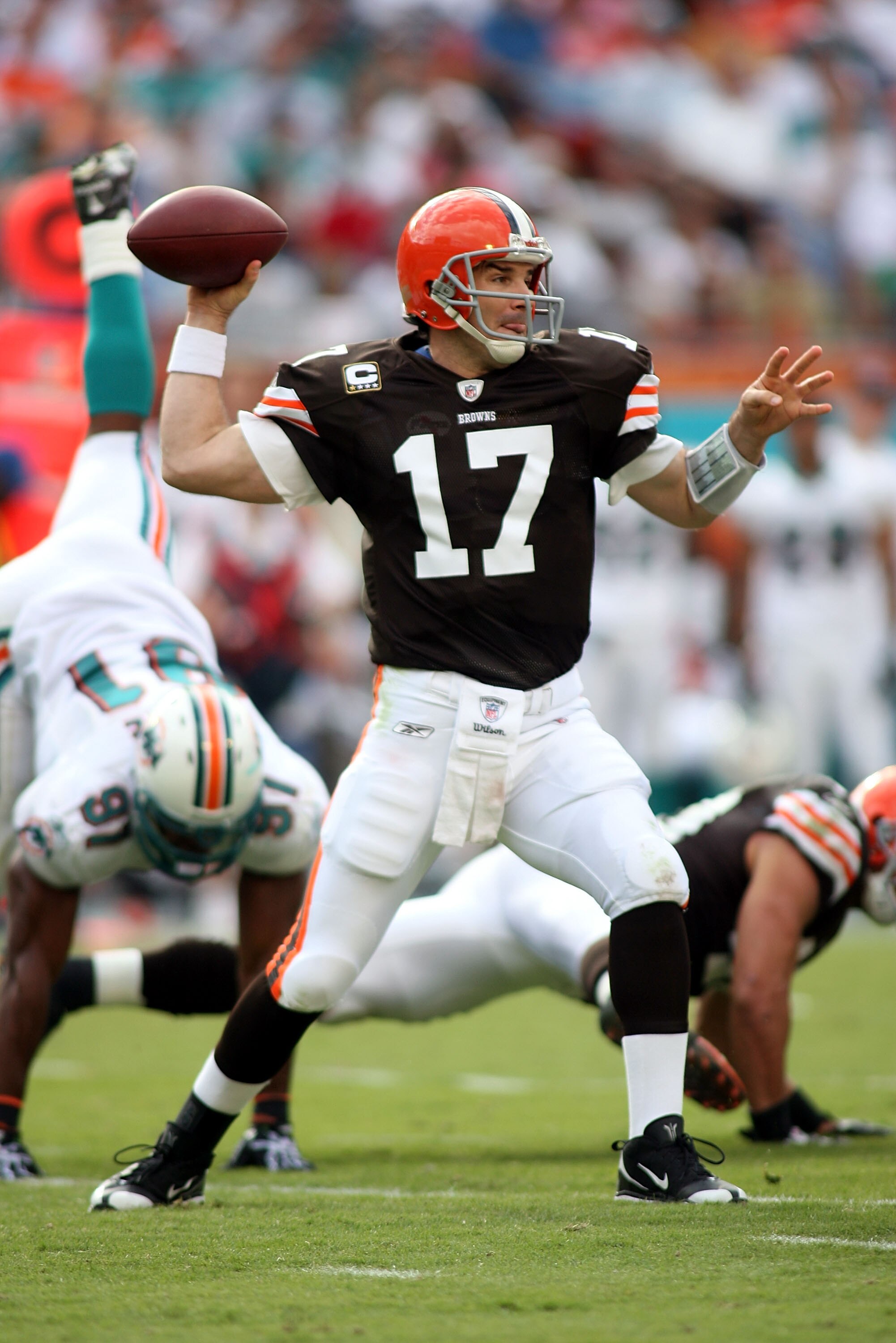 MIAMI - DECEMBER 05:  Quarterback Jake Delhomme #17 of the Cleveland Browns passes against the Miami Dolphins at Sun Life Stadium on December 5, 2010 in Miami, Florida.  (Photo by Marc Serota/Getty Images)