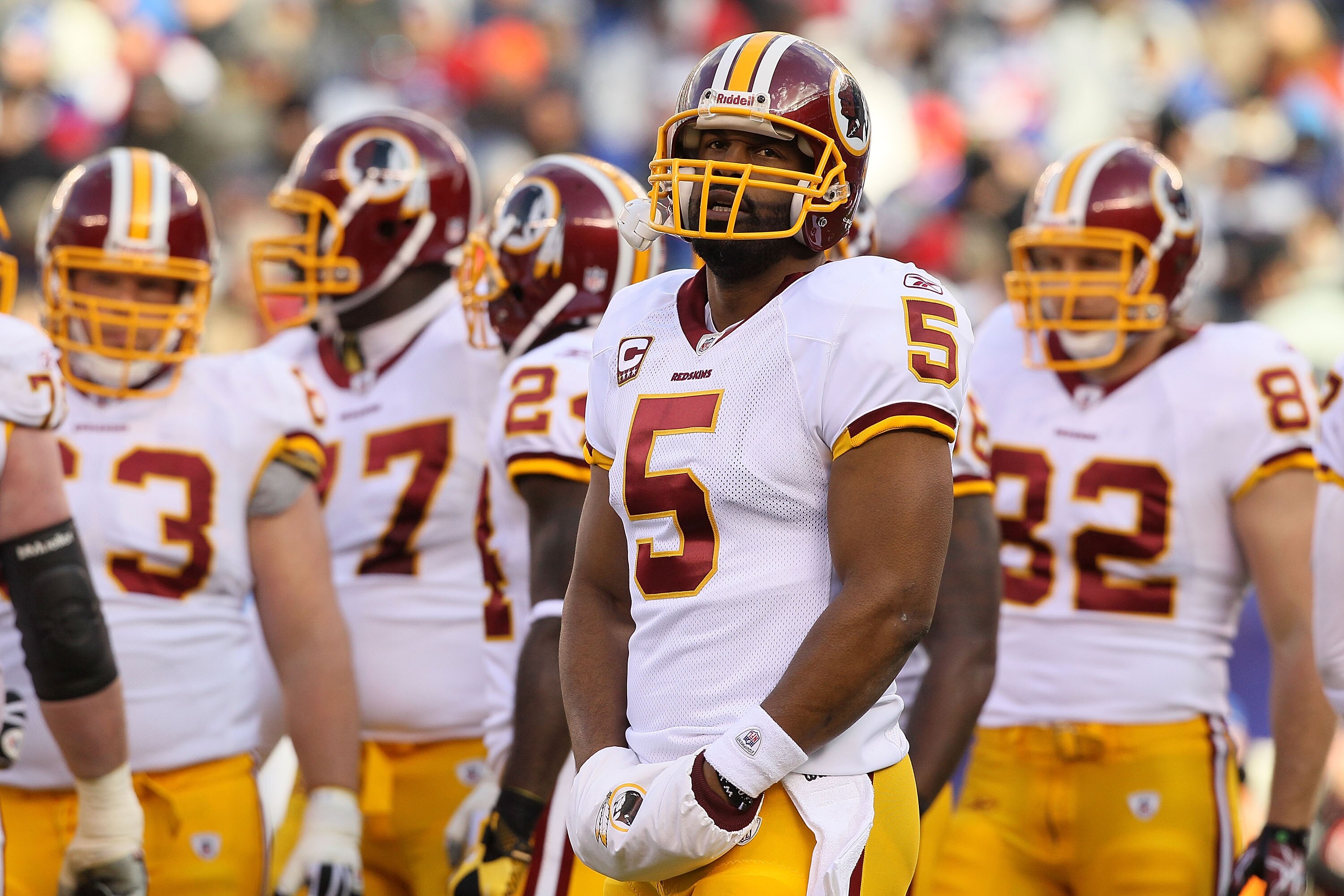 EAST RUTHERFORD, NJ - DECEMBER 05: Donovan McNabb #5 of the Washington Redskins looks on against the New York Giants on December 5, 2010 at the New Meadowlands Stadium in East Rutherford, New Jersey.  (Photo by Jim McIsaac/Getty Images)