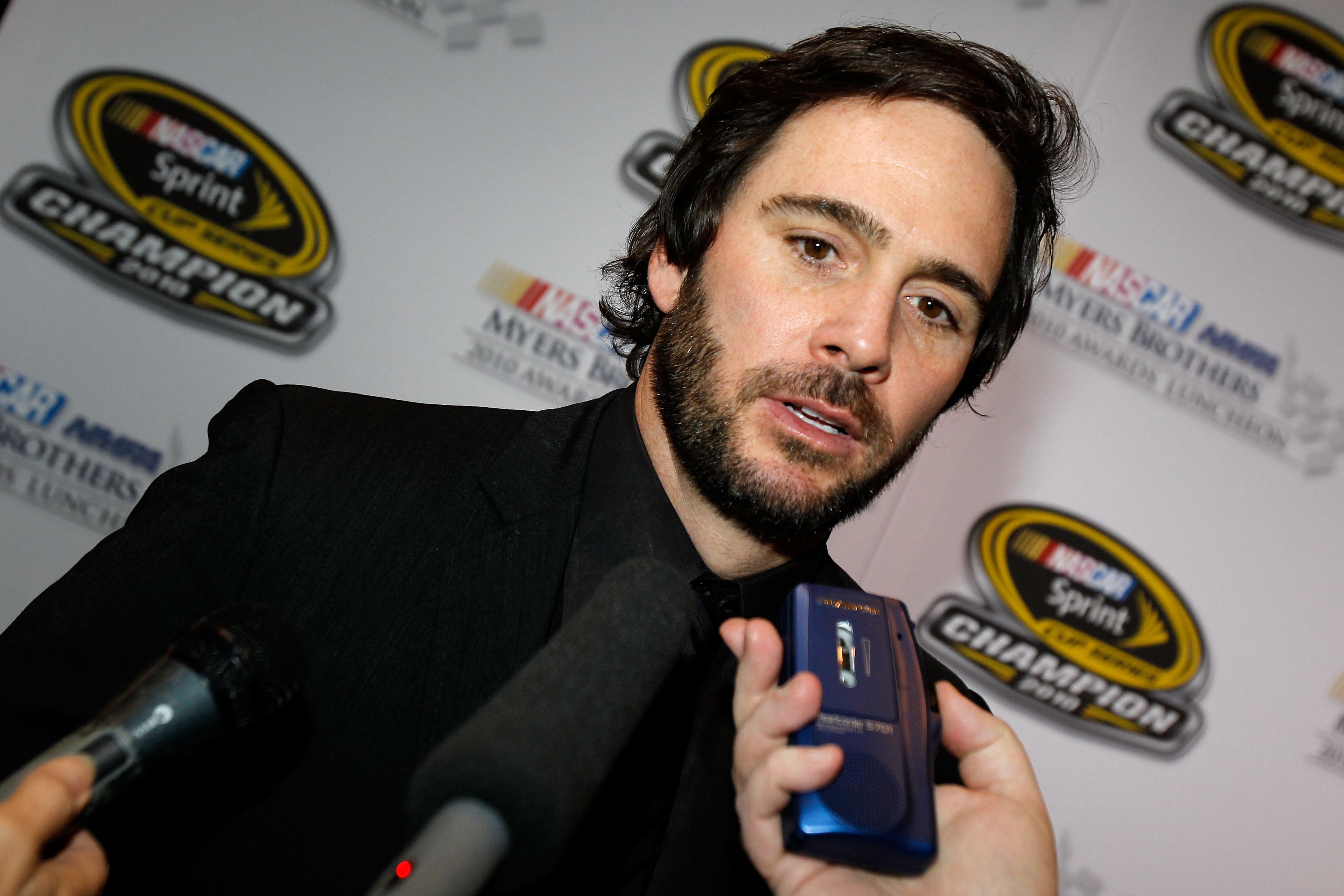 LAS VEGAS, NV - DECEMBER 02:  Jimmie Johnson, driver of the #48 Lowe's Chevrolet, speaks to the media after the NASCAR Sprint Cup Series Champions Week NMPA Myers Brothers Awards Luncheon at the Bellagio on December 2, 2010 in Las Vegas, Nevada.  (Photo b