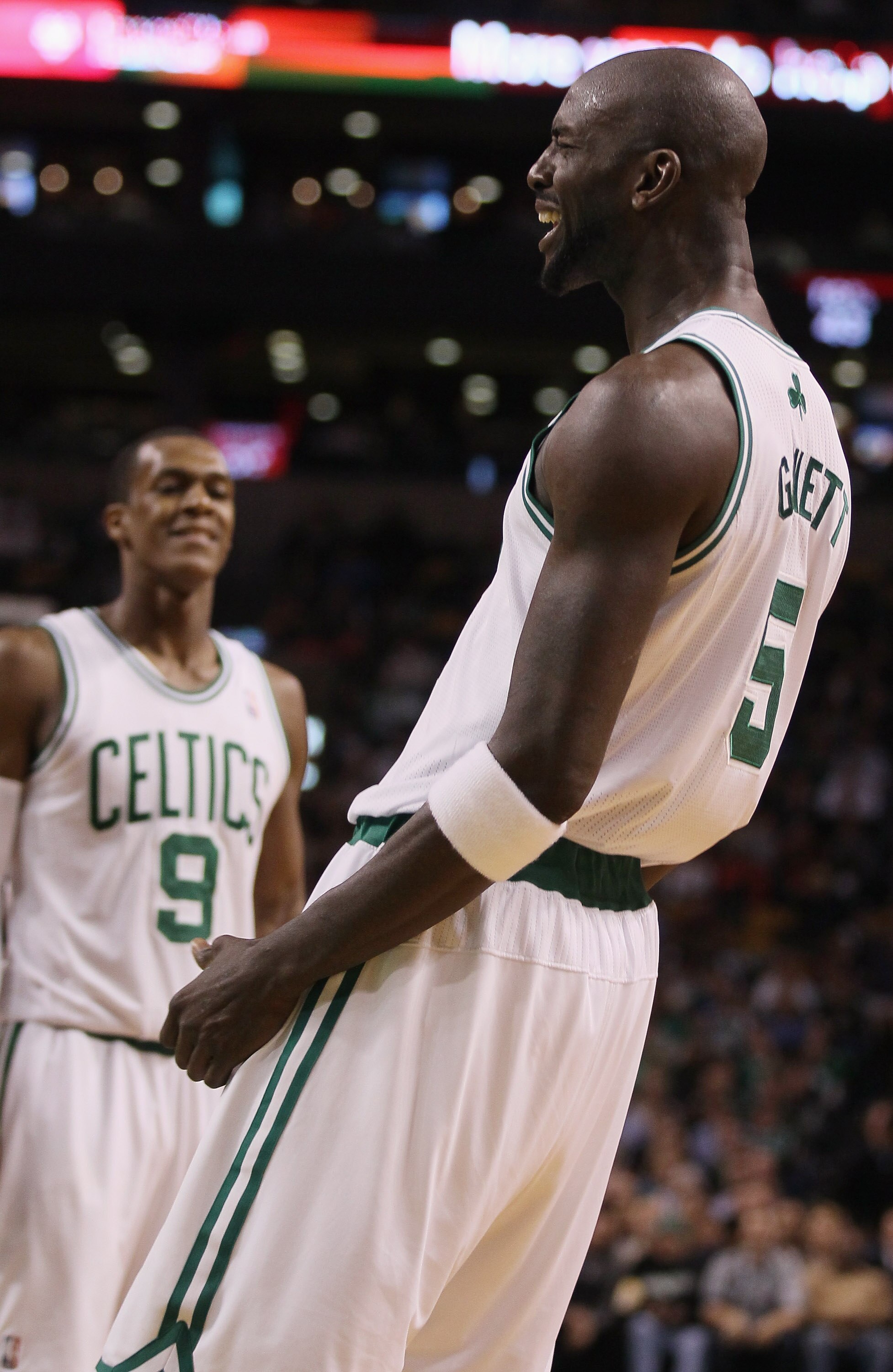 BOSTON - DECEMBER 01:  Kevin Garnett #5 of the Boston Celtics reacts in the second half against the Portland Trailblazers on December 1, 2010 at the TD Garden in Boston, Massachusetts. The Celtics defeated the Trailblazers 99-95. NOTE TO USER: User expres