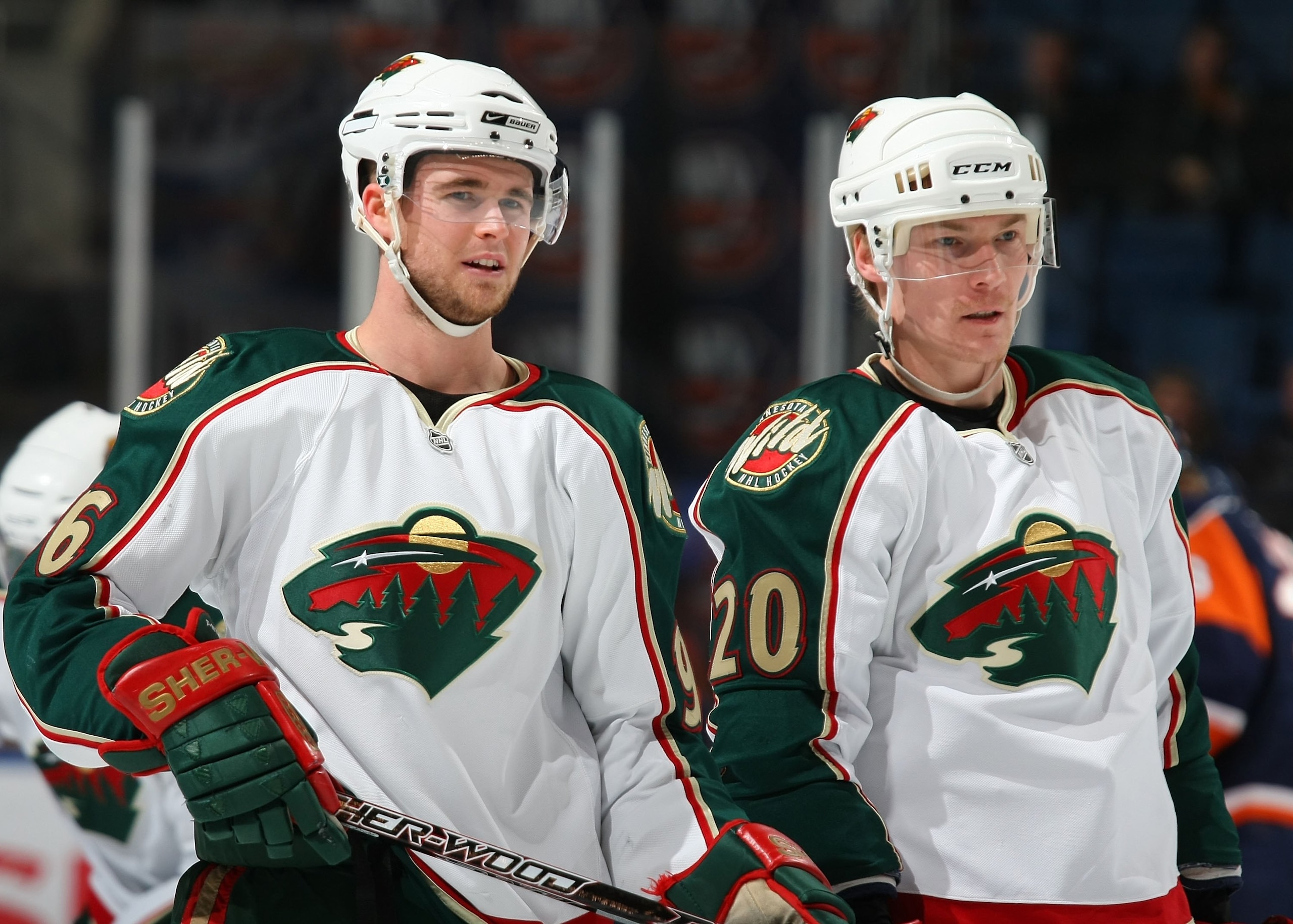 UNIONDALE, NY - MARCH 25: Pierre-Marc Bouchard #96 and Antti Miettinen #20 of the Minnesota Wild skate during warmups prior to their game against the New York Islanders on March 25, 2009 at the Nassau Coliseum in Uniondale, New York. (Photo by Bruce Benne