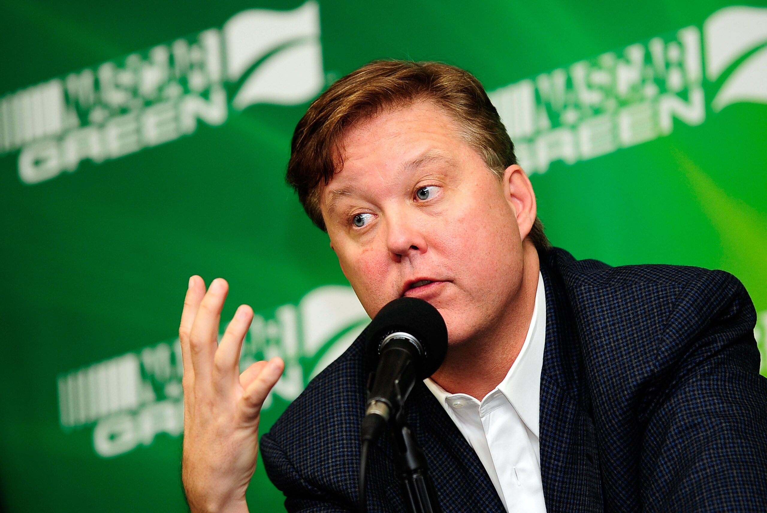 CONCORD, NC - OCTOBER 16:  NASCAR Chairman and CEO Brian France announces that NASCAR will move to a 15-percent ethanol fuel mix for the 2011 season prior the NASCAR Sprint Cup Series Bank of America 500 at Charlotte Motor Speedway on October 16, 2010 in