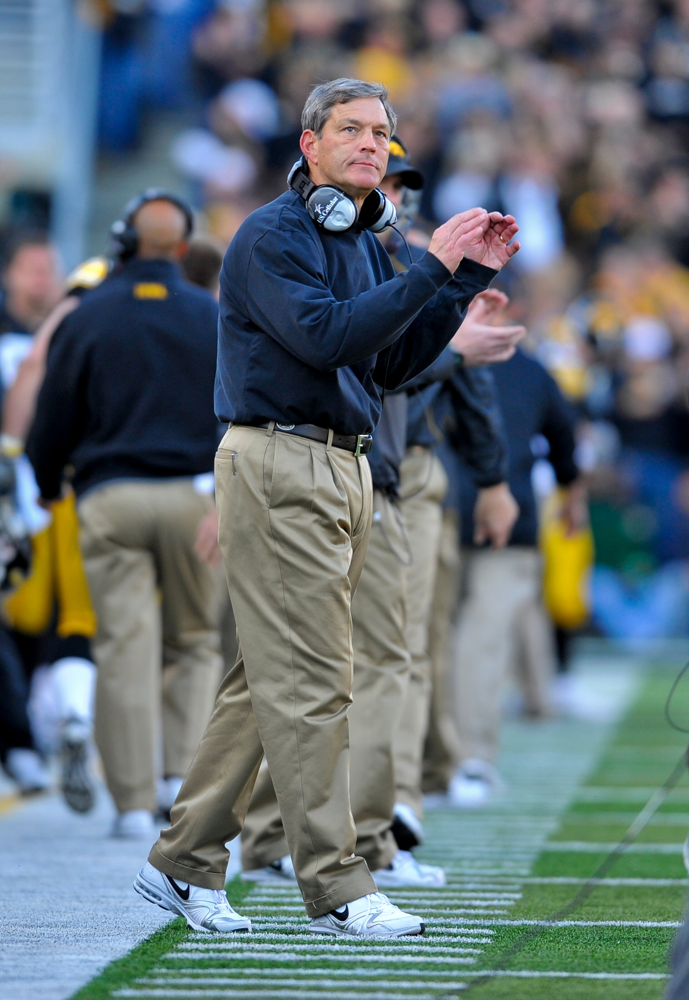 IOWA CITY, IA - OCTOBER 30- Kirk Ferentz head coach of the University of Iowa Hawkeyes celebrates during the Michigan State Spartans NCAA college football game at Kinnick Stadium on October 30, 2010 in Iowa City, Iowa. Iowa won 37-6 over Michigan State. (