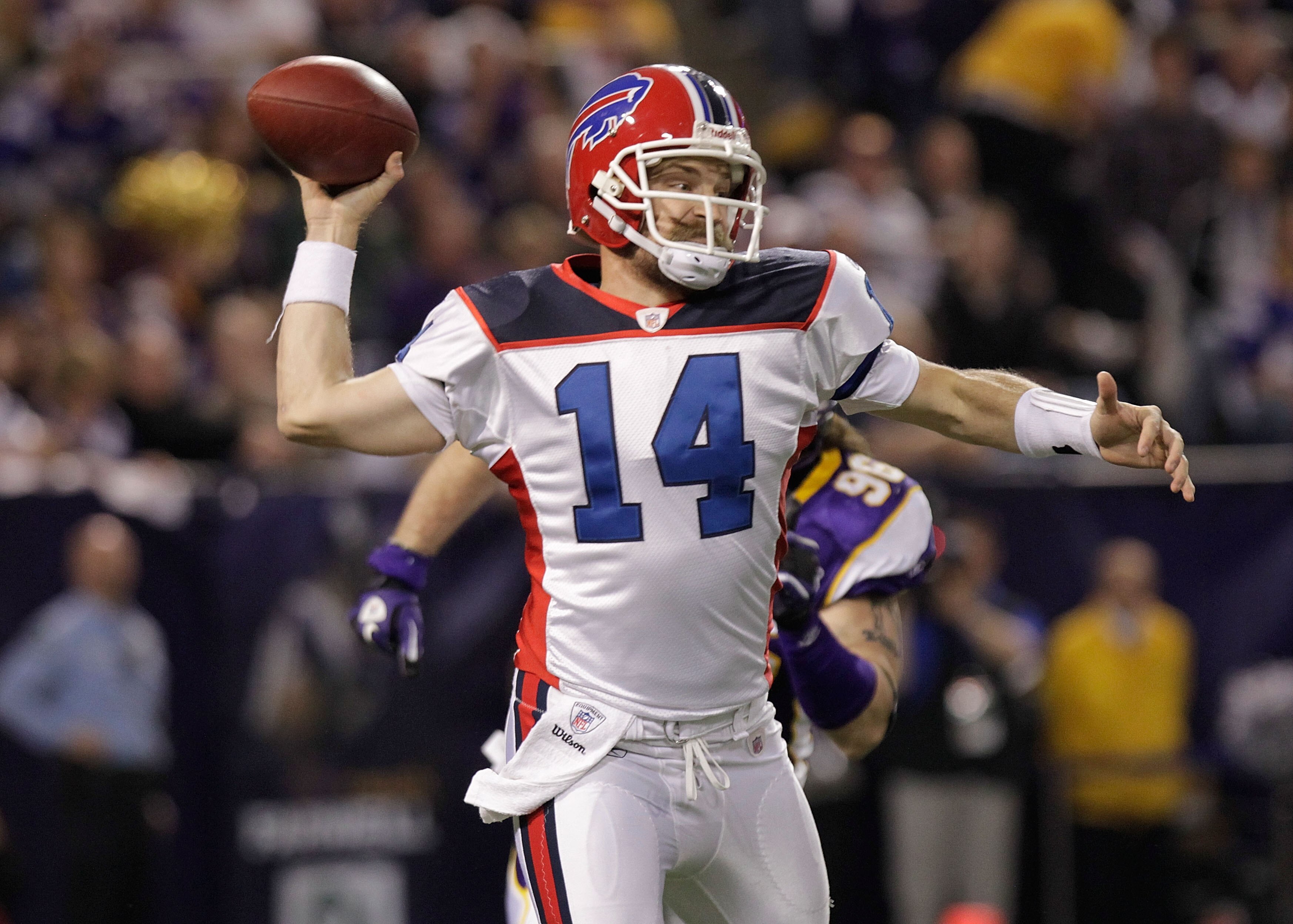 MINNEAPOLIS, MN - DECEMBER 05:  Ryan Fitzpatrick #14 of the Buffalo Bills passes against the Minnesota Vikings at the Mall of America Field at the Hubert H. Humphrey Metrodome on December 5, 2010 in Minneapolis, Minnesota.  (Photo by Nick Laham/Getty Imag