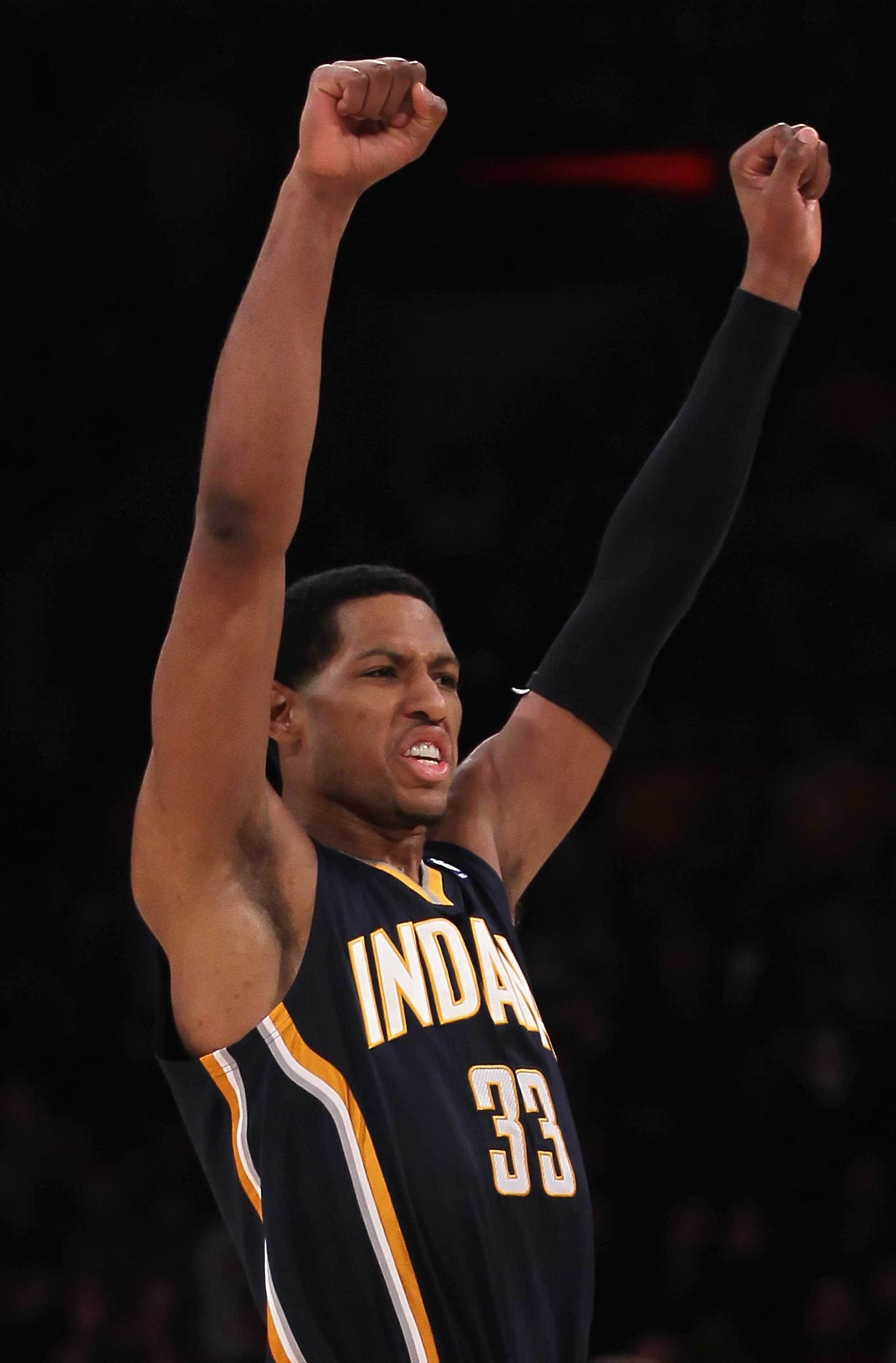 LOS ANGELES, CA - NOVEMBER 28:  Danny Granger #33 of the Indiana Pacers celebrates at the conclusion of the game against the Los Angeles Lakers at Staples Center on November 28, 2010 in Los Angeles, California. The Pacers defeated the Lakers 95-92. NOTE T