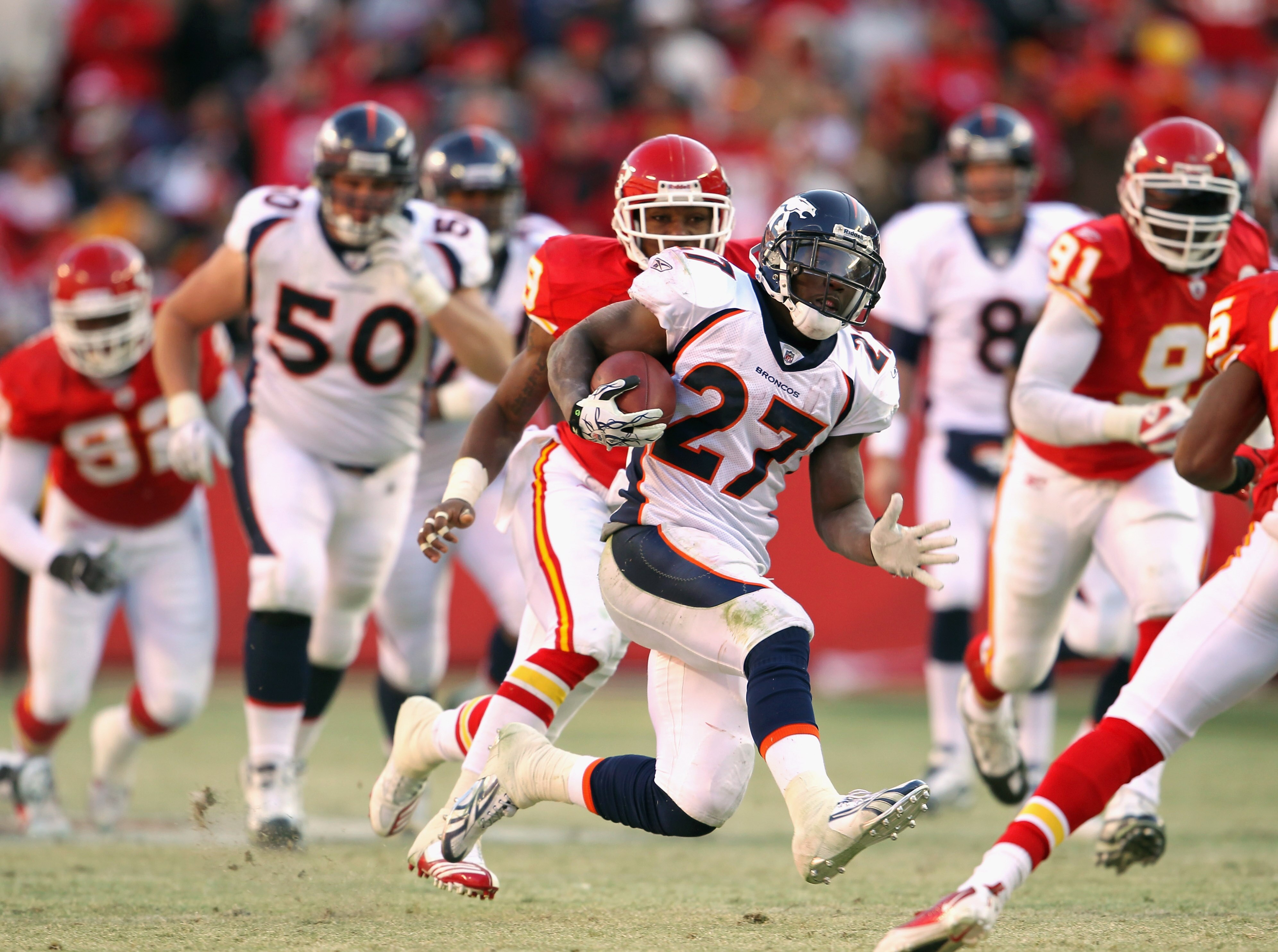KANSAS CITY, MO - DECEMBER 05:  Knowshon Moreno #27 of the Denver Broncos carries the ball during the game against the Kansas City Chiefs on December 5, 2010 at Arrowhead Stadium in Kansas City, Missouri.  (Photo by Jamie Squire/Getty Images)