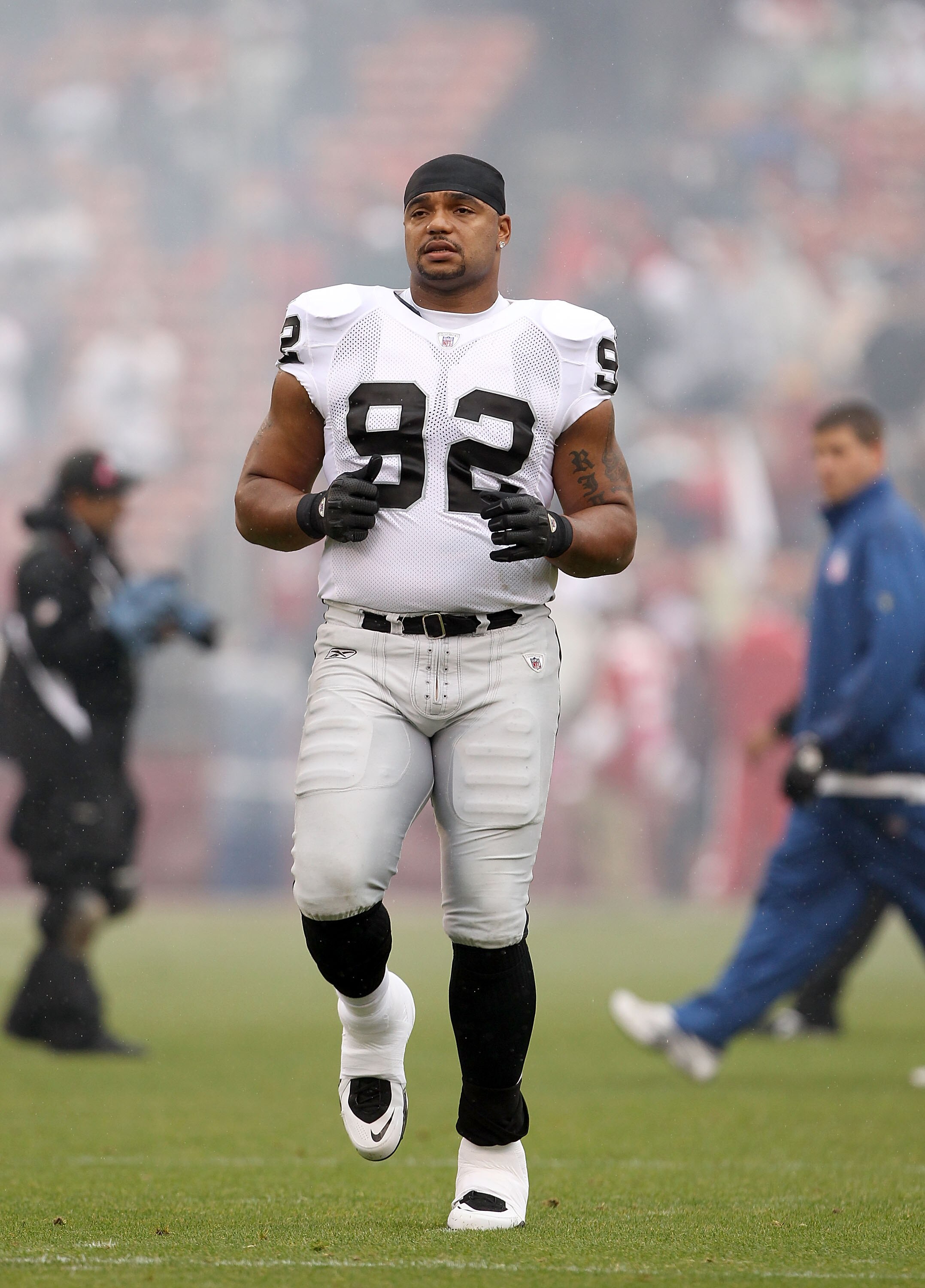 SAN FRANCISCO - OCTOBER 17:  Richard Seymour #92 of the Oakland Raiders warms up before their game against the San Francisco 49ers at Candlestick Park on October 17, 2010 in San Francisco, California.  (Photo by Ezra Shaw/Getty Images)