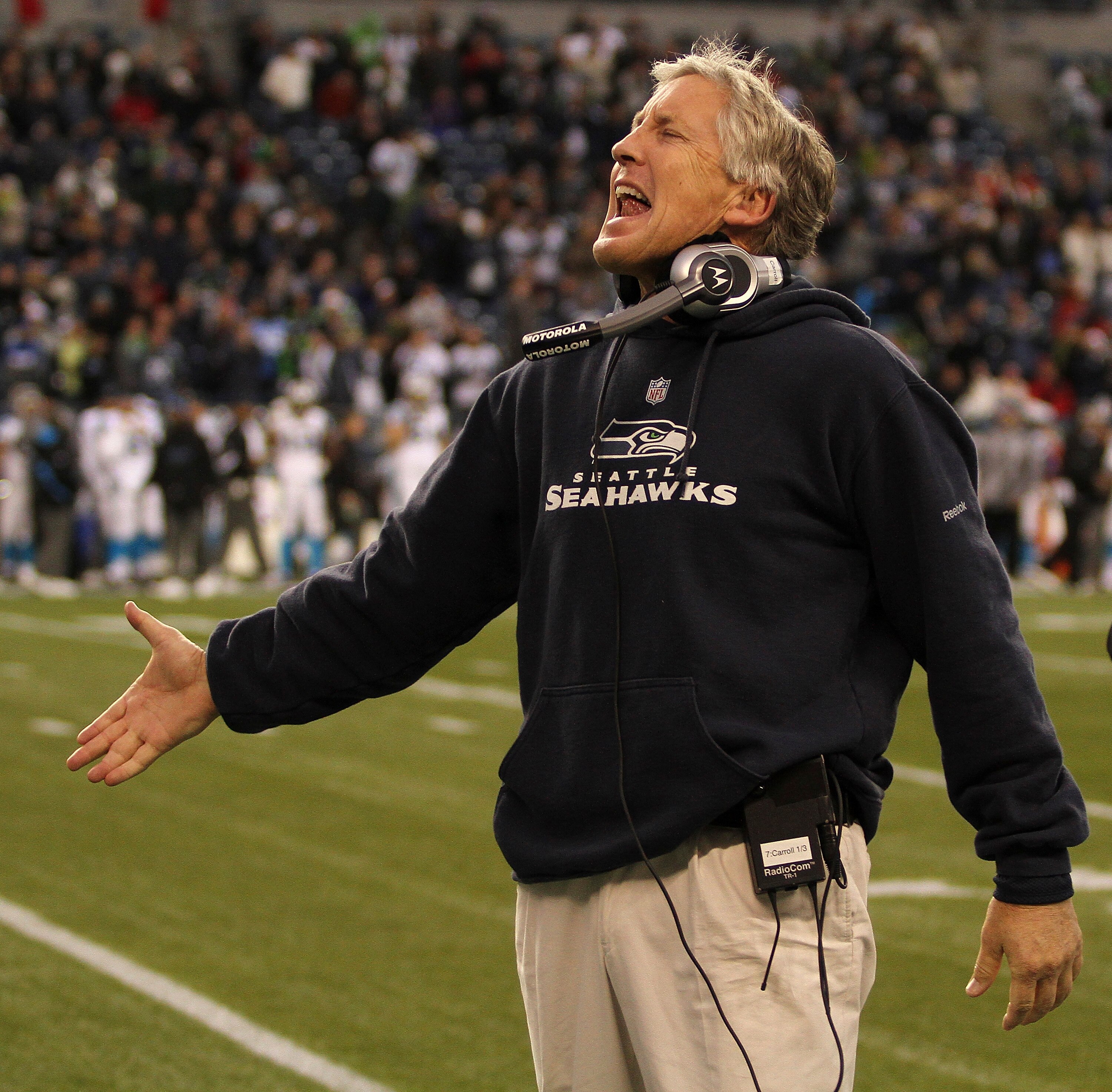 SEATTLE, WA - DECEMBER 05:  Head coach Pete Carroll of the Seattle Seahawks celebrates near the end of the game against the Carolina Panthers at Qwest Field on December 5, 2010 in Seattle, Washington. The Seahawks defeated the Panthers 31-14. (Photo by Ot