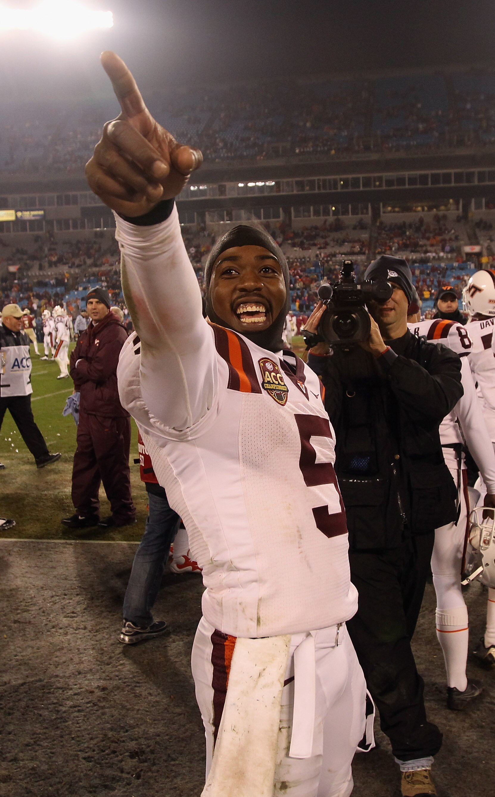 CHARLOTTE, NC - DECEMBER 04:  Tyrod Taylor #5 of the Virginia Tech Hokies celebrates after defeating the Florida State Seminoles on their way to winning the ACC Championship 44-33 at Bank of America Stadium on December 4, 2010 in Charlotte, North Carolina