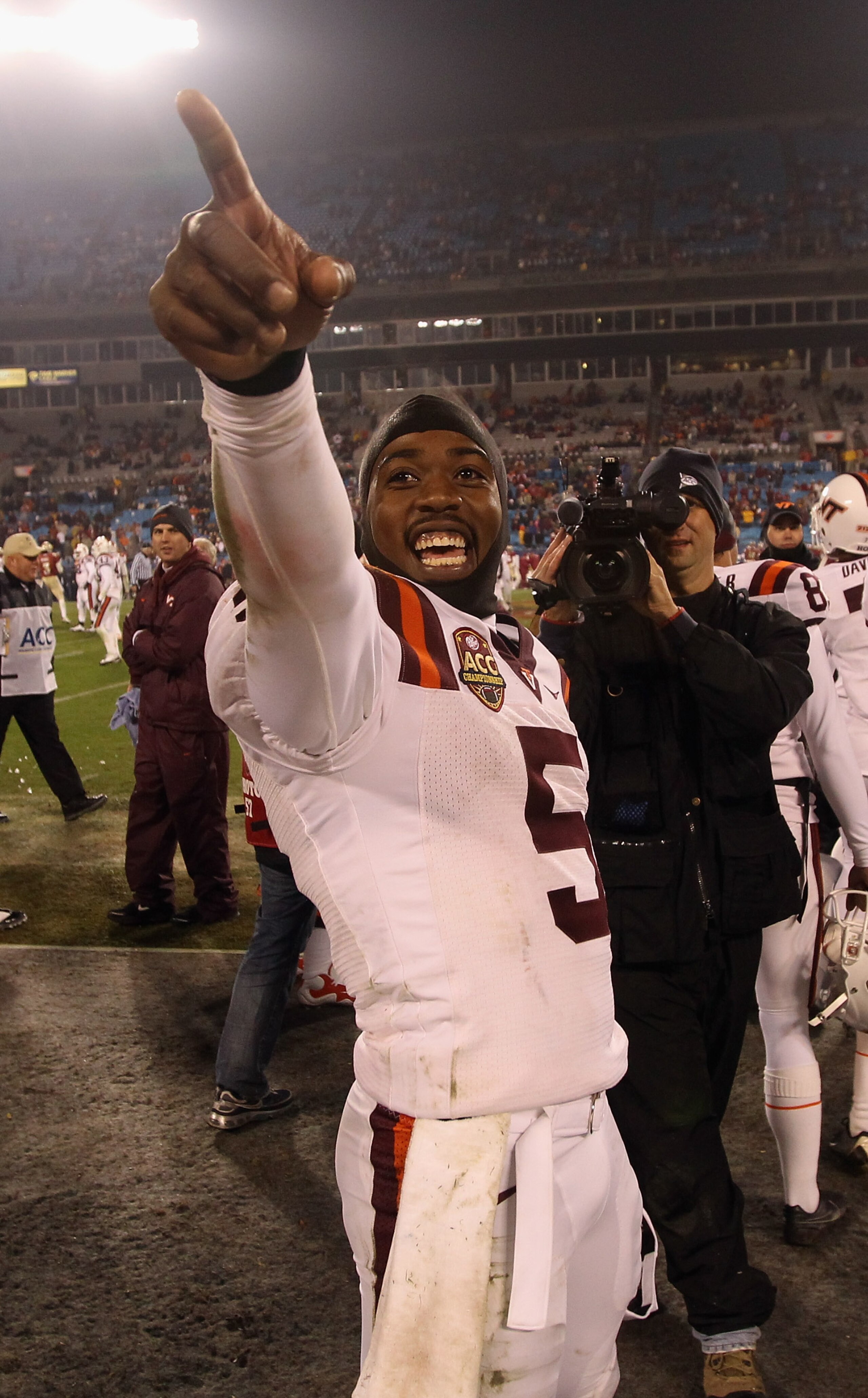 CHARLOTTE, NC - DECEMBER 04: Tyrod Taylor #5 of the Virginia Tech Hokies celebrates after defeating the Florida State Seminoles on their way to winning the ACC Championship 44-33 at Bank of America Stadium on December 4, 2010 in Charlotte, North Carolina CHARLOTTE, NC - DECEMBER 04: Tyrod Taylor #5 of the Virginia Tech Hokies celebrates after defeating the Florida State Seminoles on their way to winning the ACC Championship 44-33 at Bank of America Stadium on December 4, 2010 in Charlotte, North Carolina