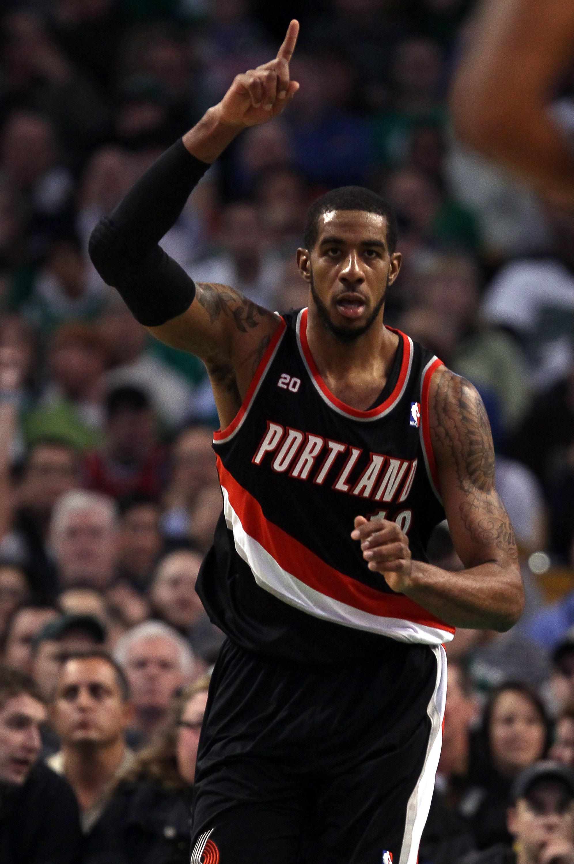 BOSTON - DECEMBER 01:  LaMarcus Aldridge #12 of the Portland Trailblazers celebrates his basket in the first half against the Boston Celtics on December 1, 2010 at the TD Garden in Boston, Massachusetts.  NOTE TO USER: User expressly acknowledges and agre