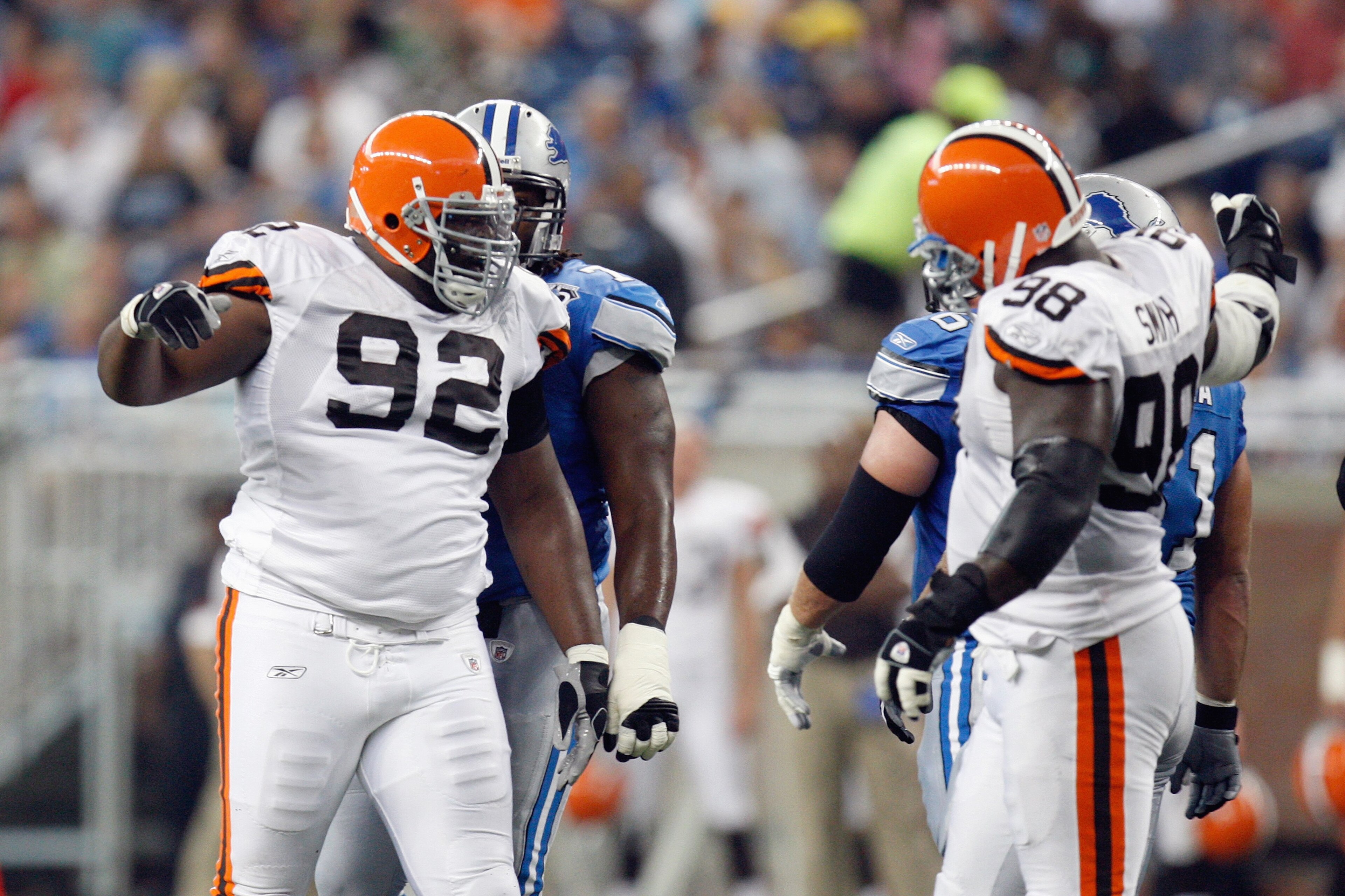 DETROIT - AUGUST 23: Offensive linemen Shaun Rogers #92 and Robaire Smith #98 of the Cleveland Browns celebrate during the game against the Detroit Lions at Ford Field on August 23, 2008 in Detroit, Michigan. (Photo by: Gregory Shamus/Getty Images)