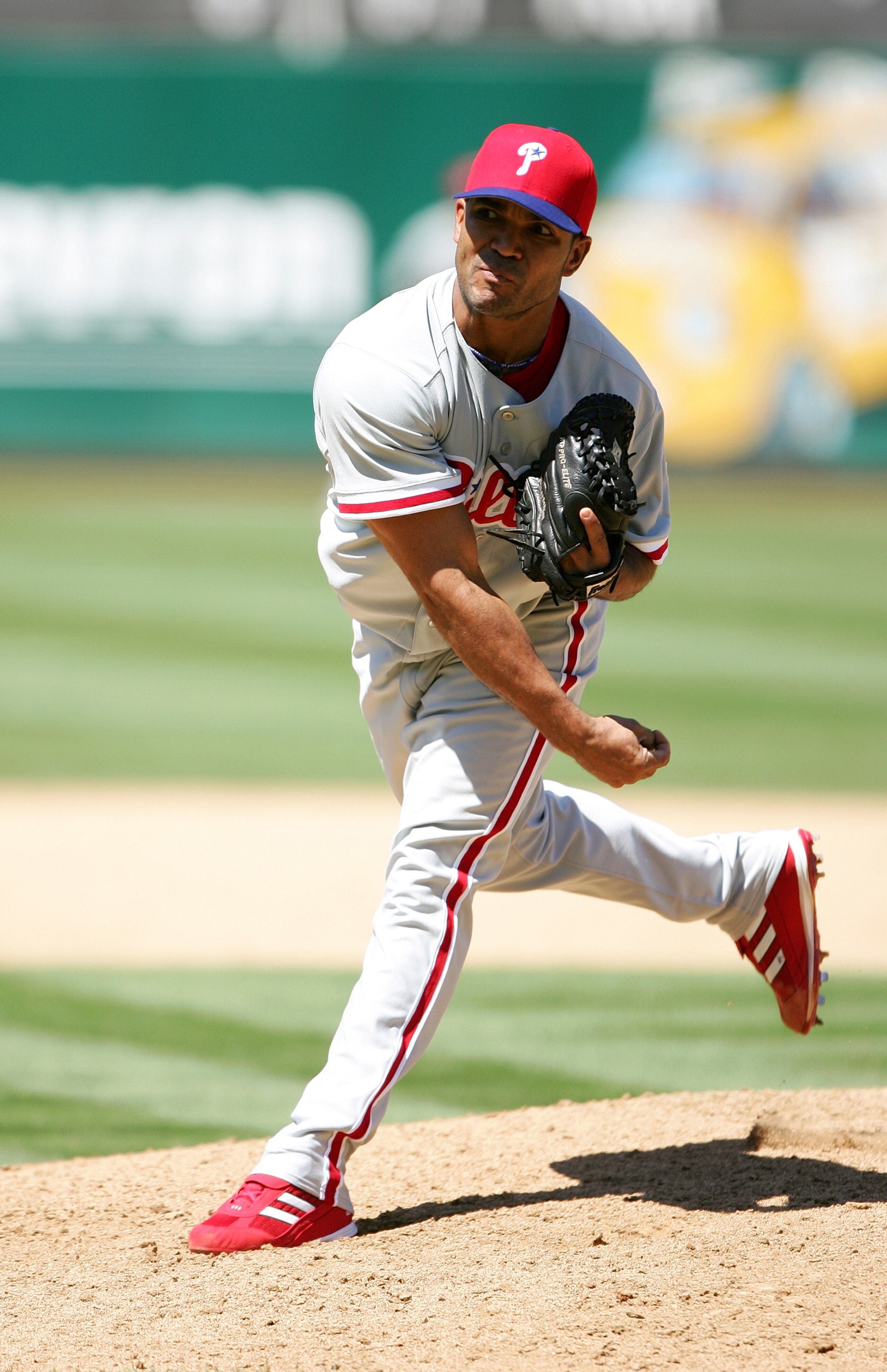 OAKLAND, CA - JUNE 19:  Ugueth Urbina #74 of the Philadelphia Phillies pitches against the Oakland Athletics during their interleague MLB game at McAfee Coliseum on June 19, 2005 in Oakland, California.  The Athletics defeated the Phillies 5-2. (Photo by