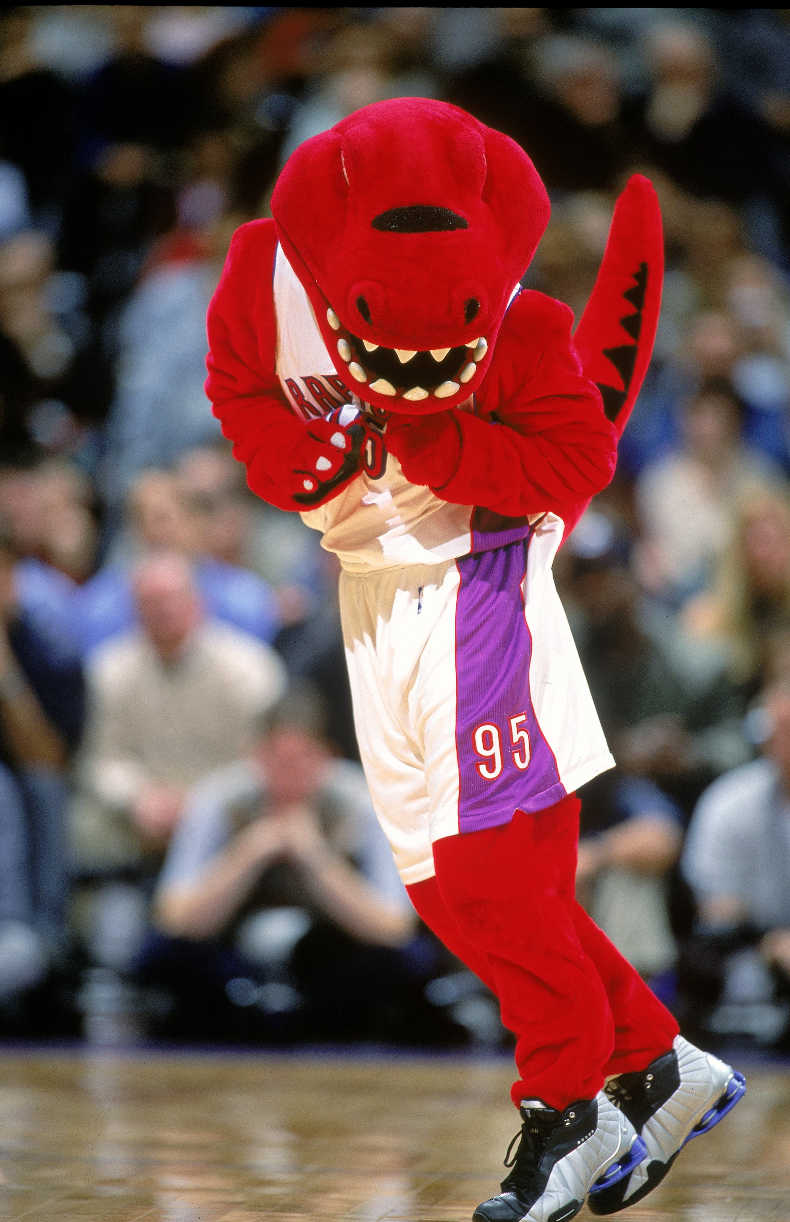 20 Nov 2000: A view of the Toronto Raptors mascot as he moves on the court during the game against the Charlotte Hornets at the Air Canada Centre in Toronto, Ontario, Canada. The Hornets defeated the Raptors 100-64.  NOTE TO USER: It is expressly understo