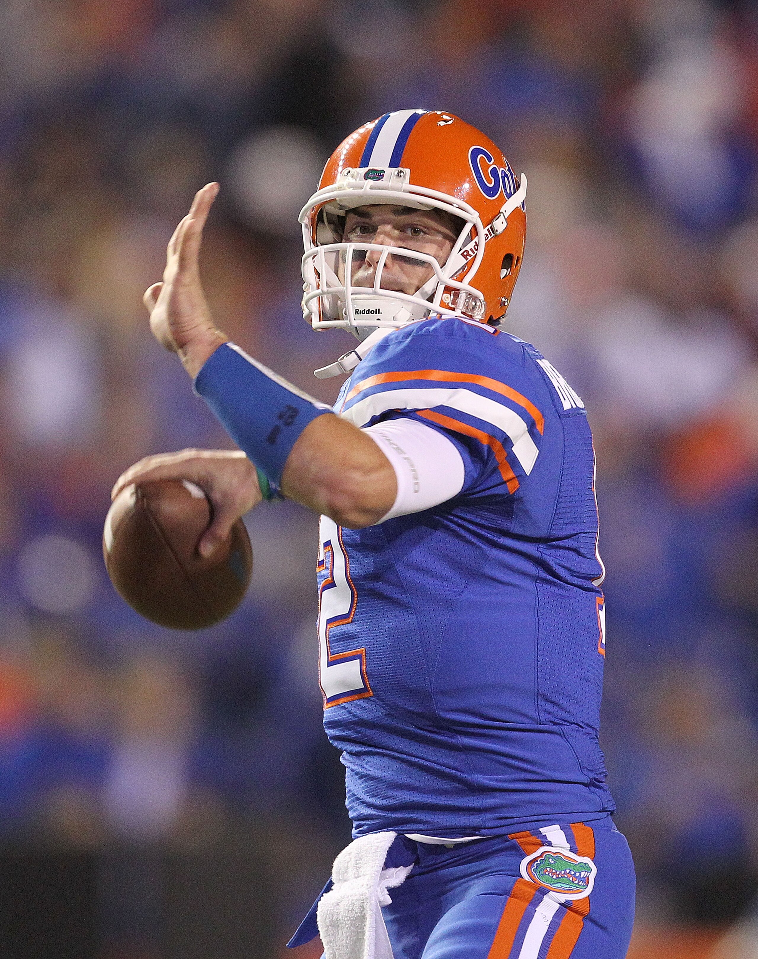 GAINESVILLE, FL - NOVEMBER 13: John Brantley #12 of the Florida Gators warms up during a game against the South Carolina Gamecocks at Ben Hill Griffin Stadium on November 13, 2010 in Gainesville, Florida.  (Photo by Mike Ehrmann/Getty Images)