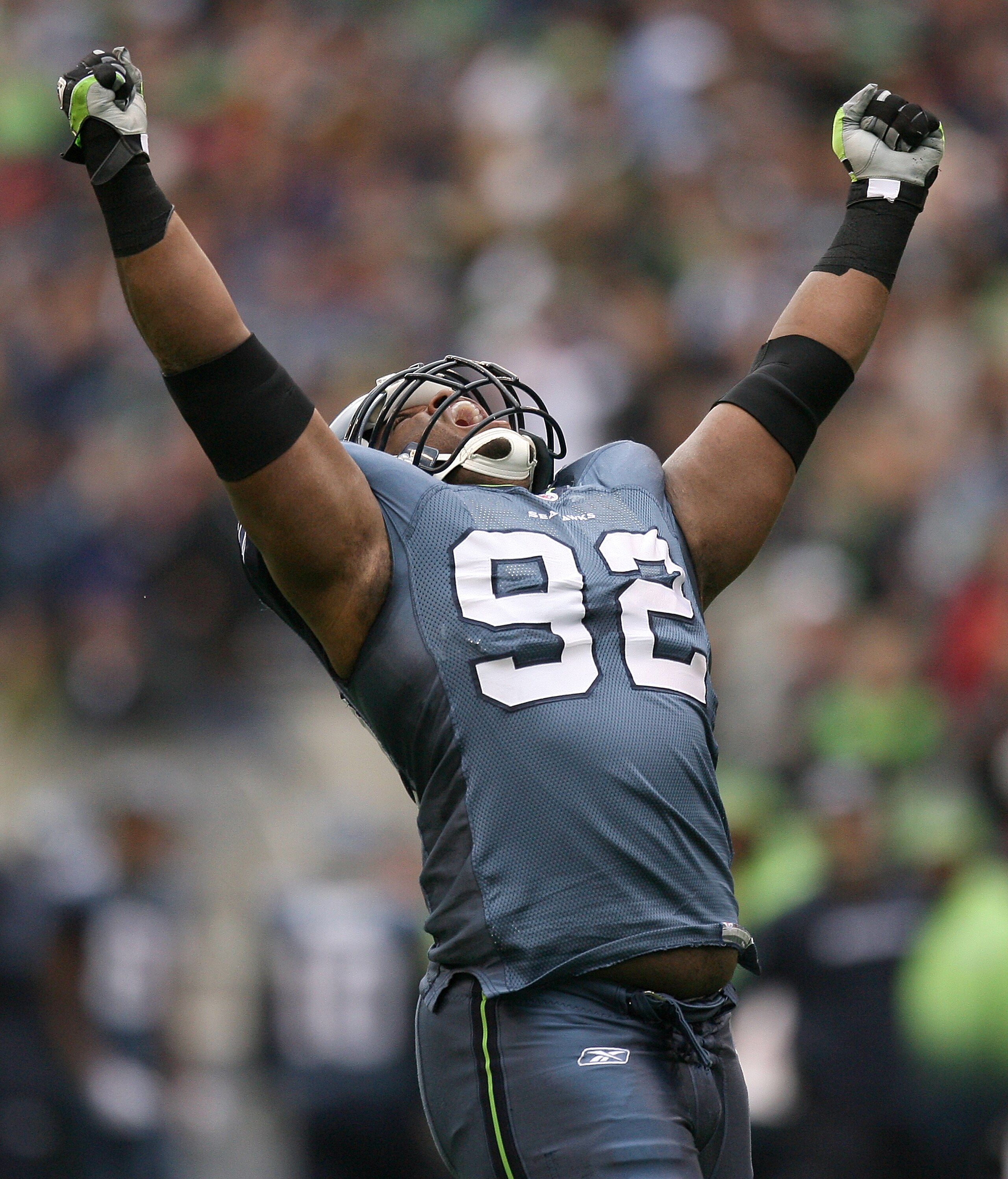 SEATTLE - NOVEMBER 08: Defensive tackle Brandon Mebane #92 of the Seattle Seahawks celebrates after sacking the quarterback against the Detroit Lions on November 8, 2009 at Qwest Field in Seattle, Washington. The Seahawks defeated the Lions 32-20. (Photo SEATTLE - NOVEMBER 08: Defensive tackle Brandon Mebane #92 of the Seattle Seahawks celebrates after sacking the quarterback against the Detroit Lions on November 8, 2009 at Qwest Field in Seattle, Washington. The Seahawks defeated the Lions 32-20. (Photo
