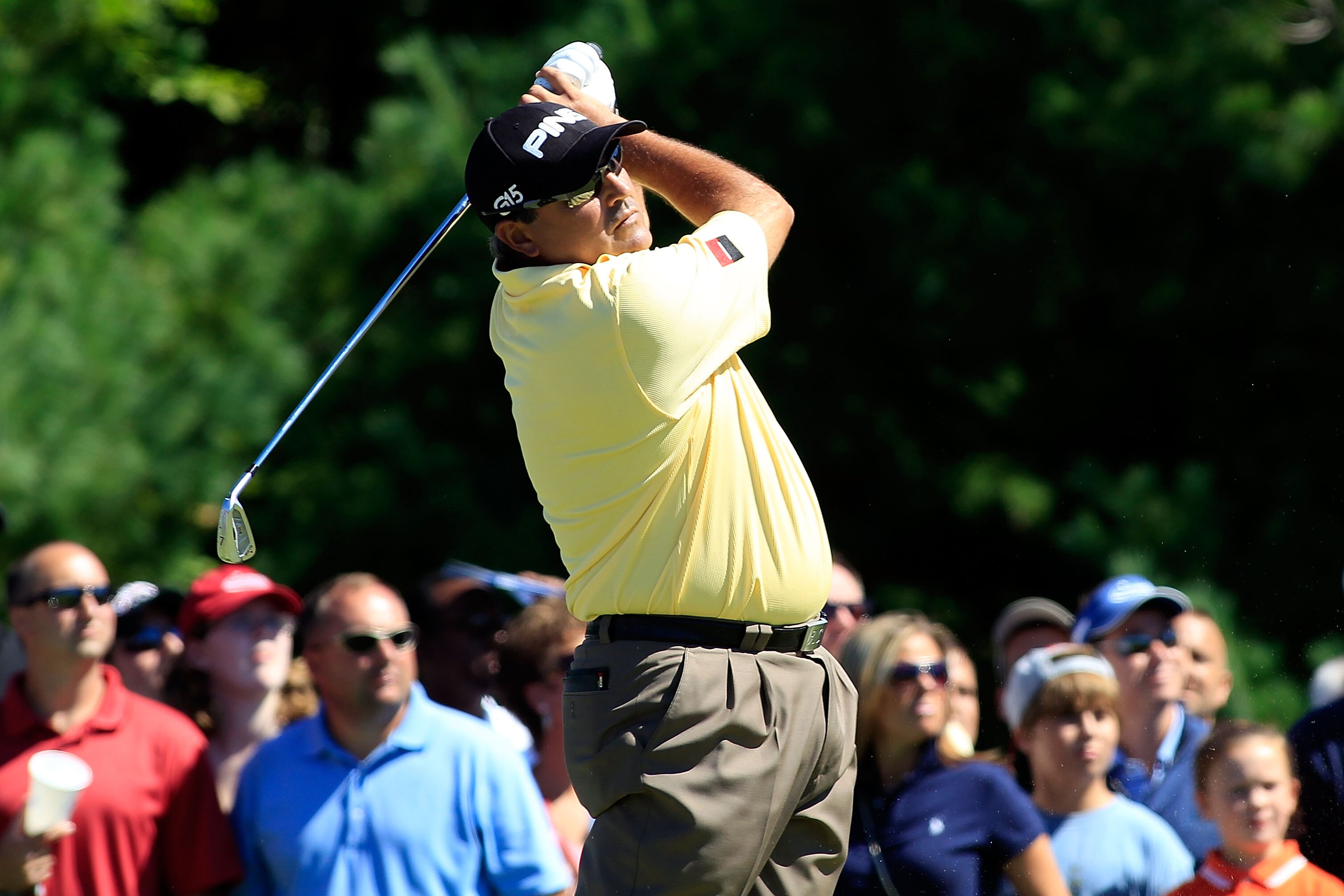 NORTON, MA - SEPTEMBER 06:  Angel Cabrera of Argentina tees off on the third hole during the final round of the Deutsche Bank Championship at TPC Boston on September 6, 2010 in Norton, Massachusetts.  (Photo by Michael Cohen/Getty Images)
