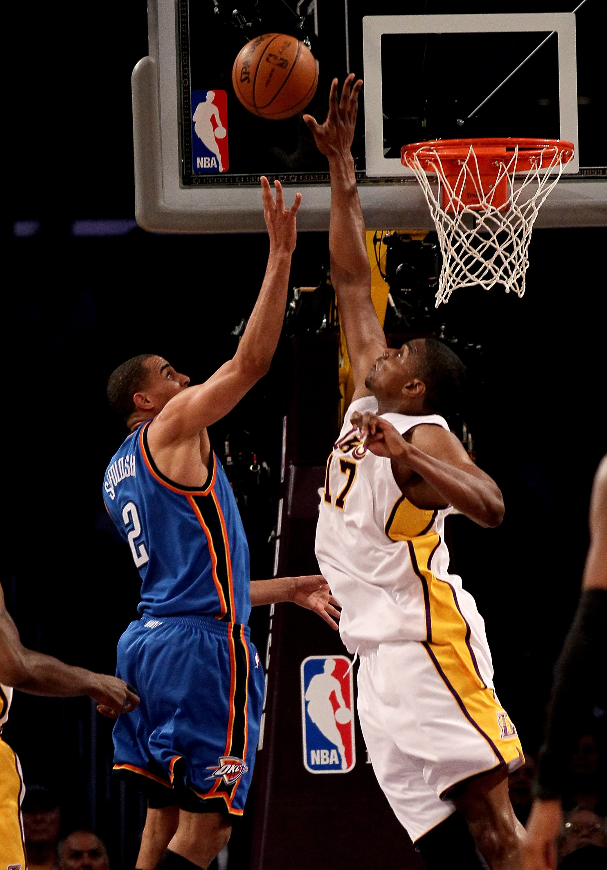 LOS ANGELES - APRIL 18:  Andrew Bynum #17 of the Los Angeles Lakers blocks a shot by Thabo Sefolosha #2 of the Oklahoma City Thunder in Game One of the Western Conference Quarterfinals during the 2010 NBA Playoffs on April 18, 2010 at Staples Center in Lo