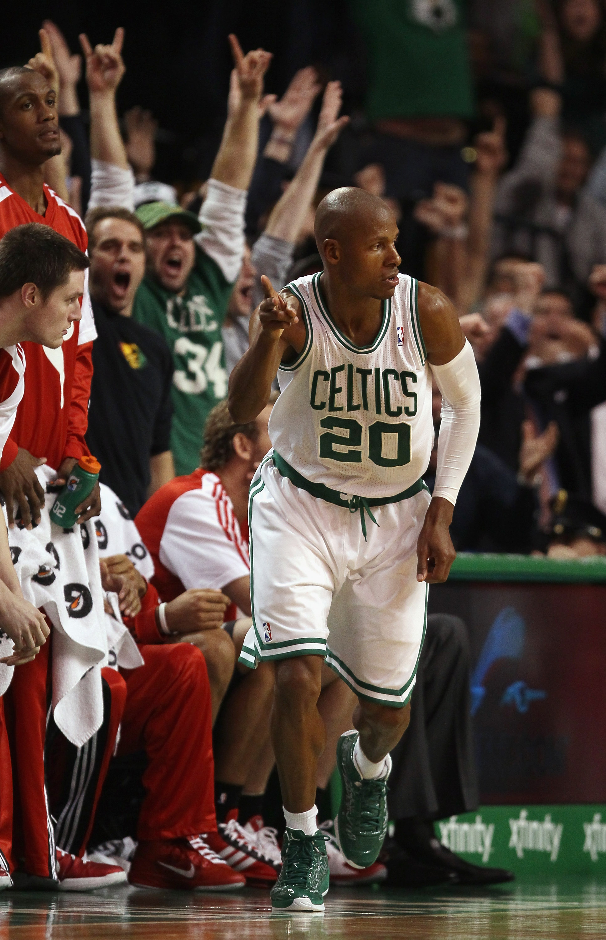 BOSTON - DECEMBER 01: Ray Allen #20 of the Boston Celtics celebrates his three point shot in the final seconds of the game the Portland Trailblazers on December 1, 2010 at the TD Garden in Boston, Massachusetts. The Celtics defeated the Trailblazers 99-9 BOSTON - DECEMBER 01: Ray Allen #20 of the Boston Celtics celebrates his three point shot in the final seconds of the game the Portland Trailblazers on December 1, 2010 at the TD Garden in Boston, Massachusetts. The Celtics defeated the Trailblazers 99-9