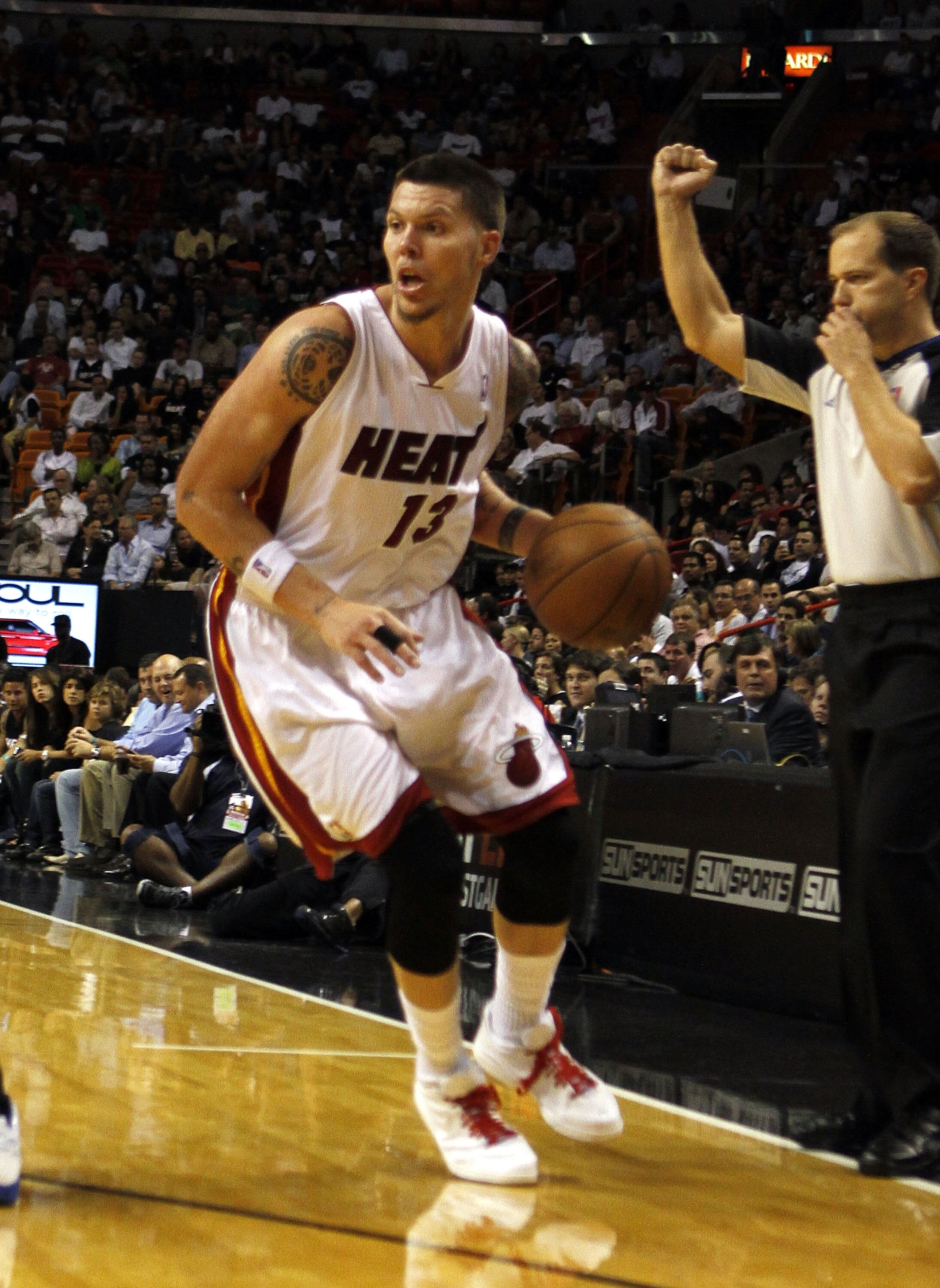 MIAMI - OCTOBER 05:  Forward Mike Miller #13 on the court against the Detroit Pistons on October 5, 2010 in Miami, Florida.  NOTE TO USER: User expressly acknowledges and agrees that, by downloading and or using this photograph, User is consenting to the