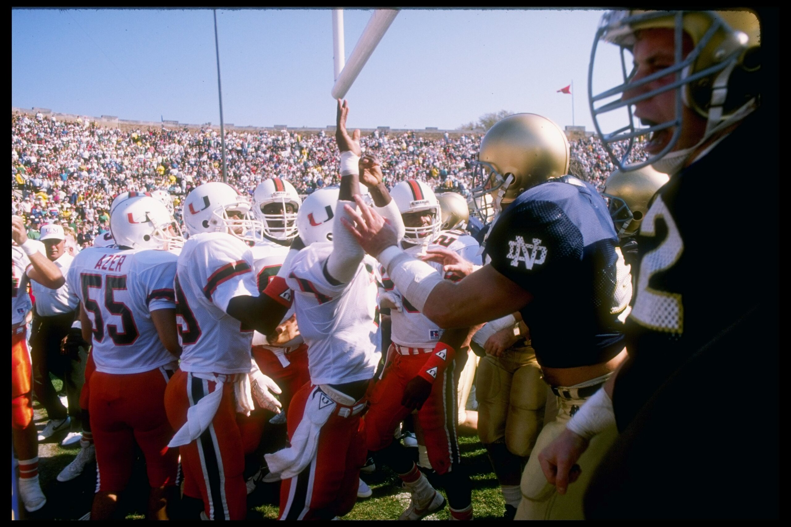 15 Oct 1988:  A fight breaks out before a game between the Miami Hurricanes and the Notre Dame Fighting Irish at Notre Dame Stadium in South Bend, Indiana.  Notre Dame won the game 31-30. Mandatory Credit: Jonathan Daniel  /Allsport