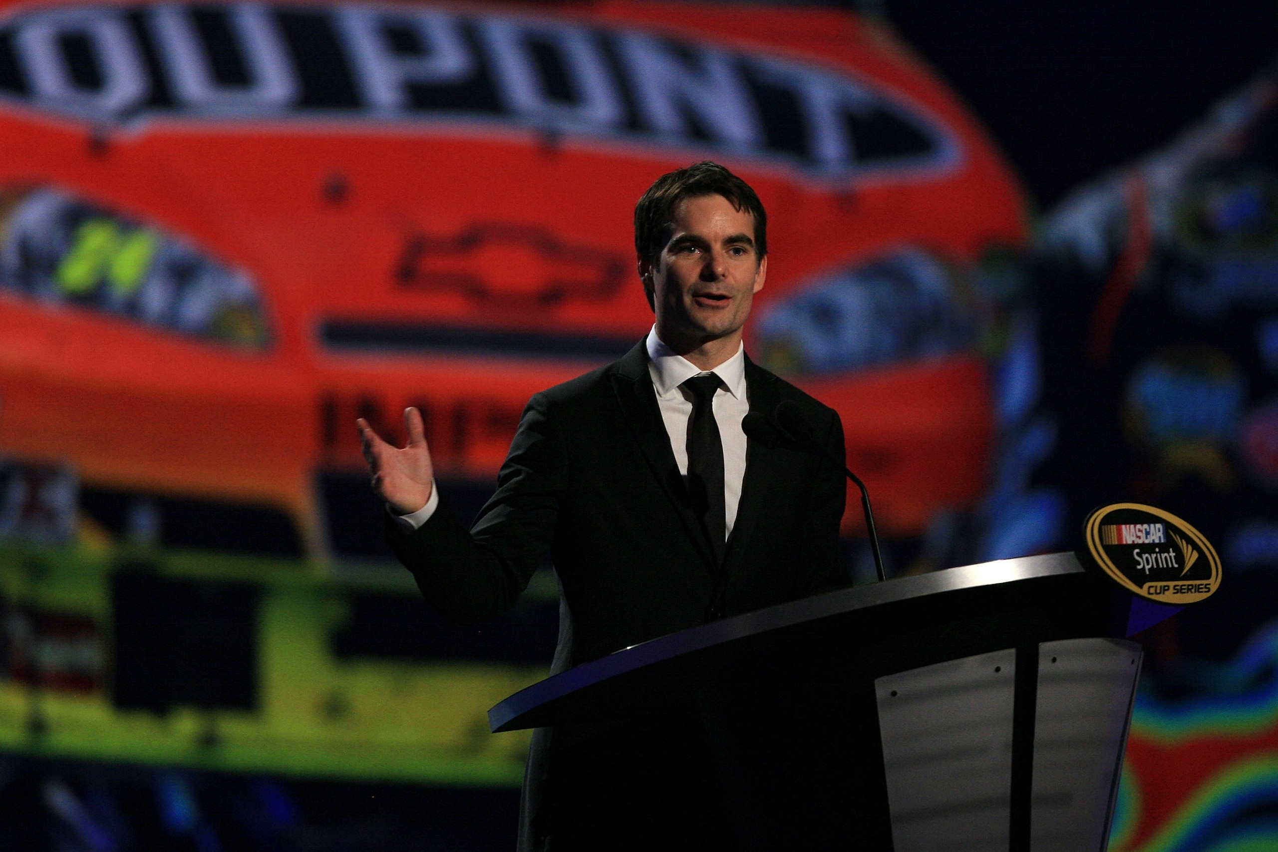 LAS VEGAS, NV - DECEMBER 03:  NASCAR driver Jeff Gordon speaks during the NASCAR Sprint Cup Series awards banquet at the Wynn Las Vegas Hotel on December 3, 2010 in Las Vegas, Nevada.  (Photo by Chris Trotman/Getty Images)