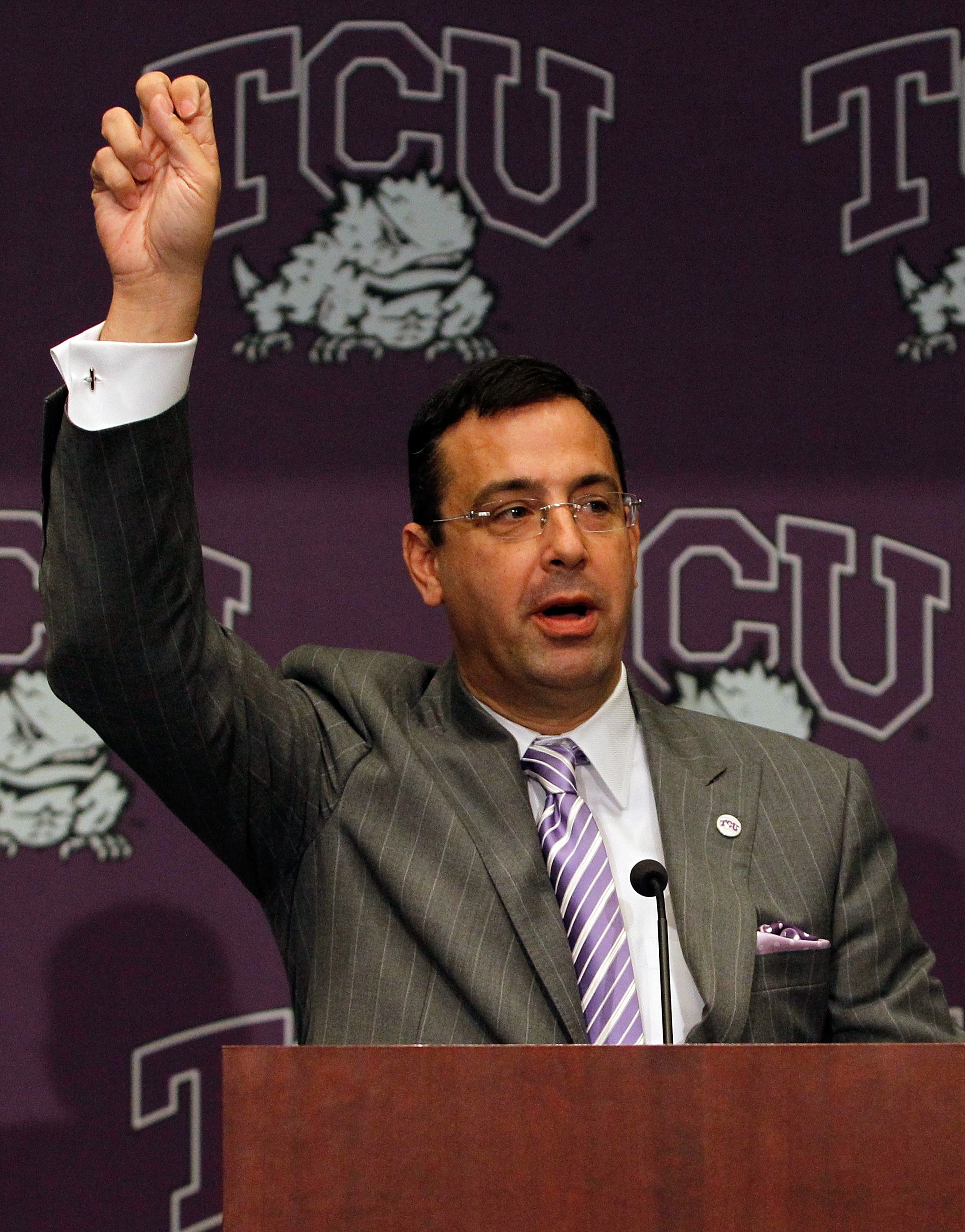 DALLAS - NOVEMBER 29:  Texas Christian University Athletics Director Chris Del Conte talks with the media after TCU accepted an invitation for full membership into The Big East Conference on November 29, 2010 in Fort Worth, Texas.  TCU will leave the Moun