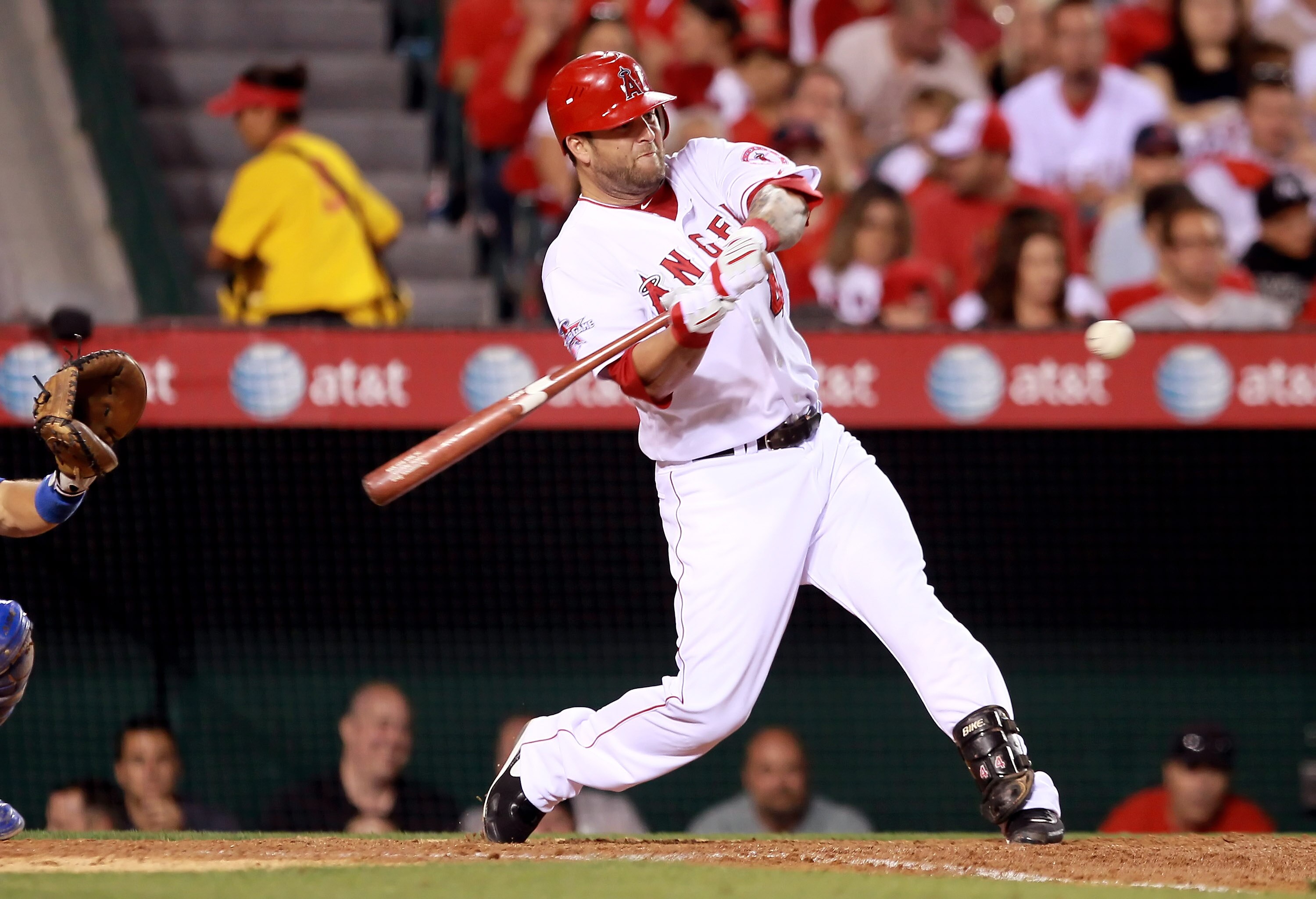 ANAHEIM, CA - JULY 01:  Mike Napoli #44 of the Los Angeles Angels of Anaheim hits an RBI double in the sixth inning against the Texas Rangers at Anaheim Stadium on July 1, 2010 in Anaheim, California.  (Photo by Jeff Gross/Getty Images)